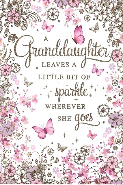 Stunning Artistic Female Birthday Card From the Beautiful Pizazz Sentiment Range - Granddaughter - Pretty Floral Border with an Elegant Flitter Finish - Greeting Card For Her (NQ-HR276)