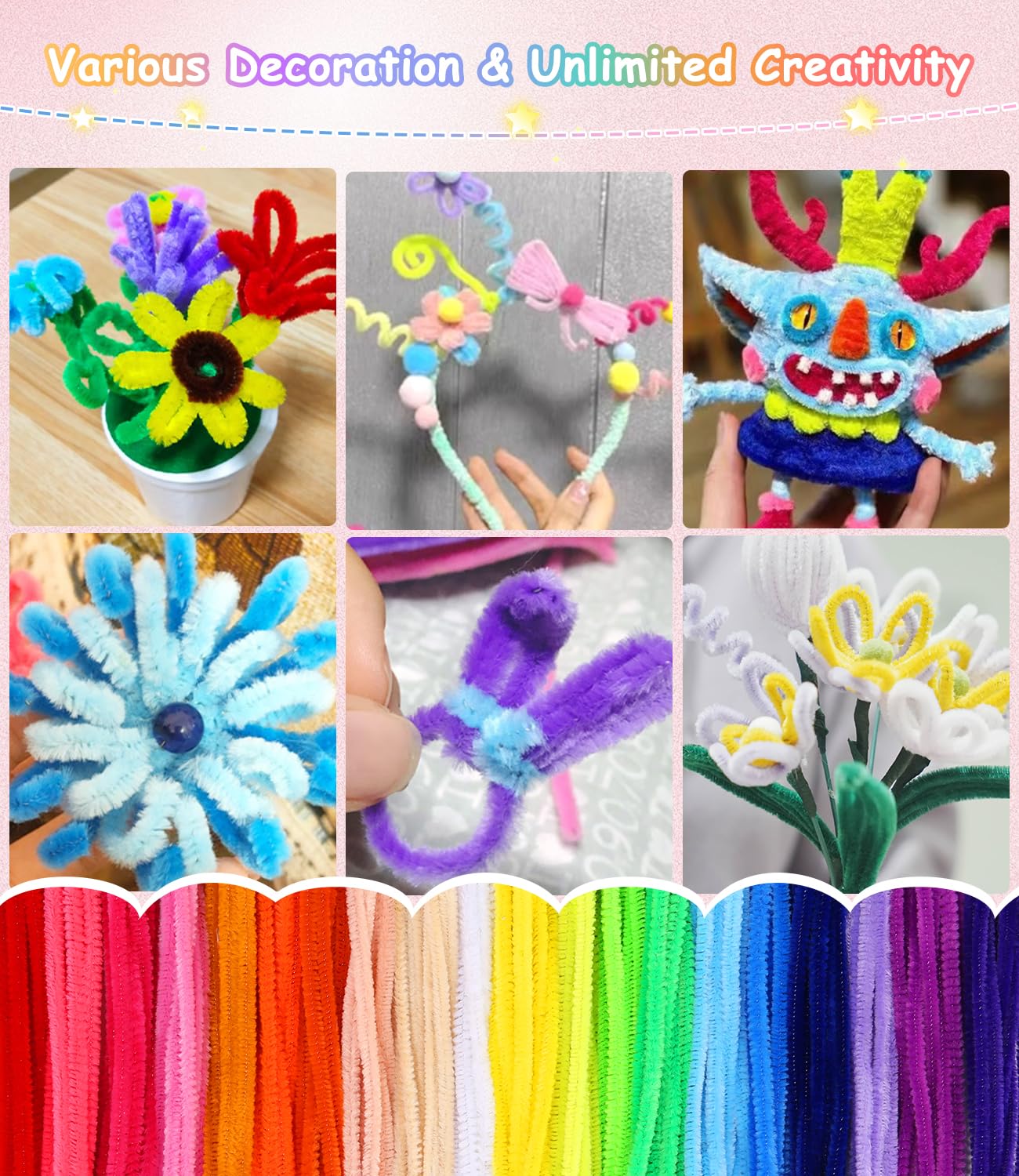 Kit De 600 Cure-pipes Colorés - Avec Yeux Mobiles Et Pompons, Pour Créations DIY, Fleurs, Animaux - 9