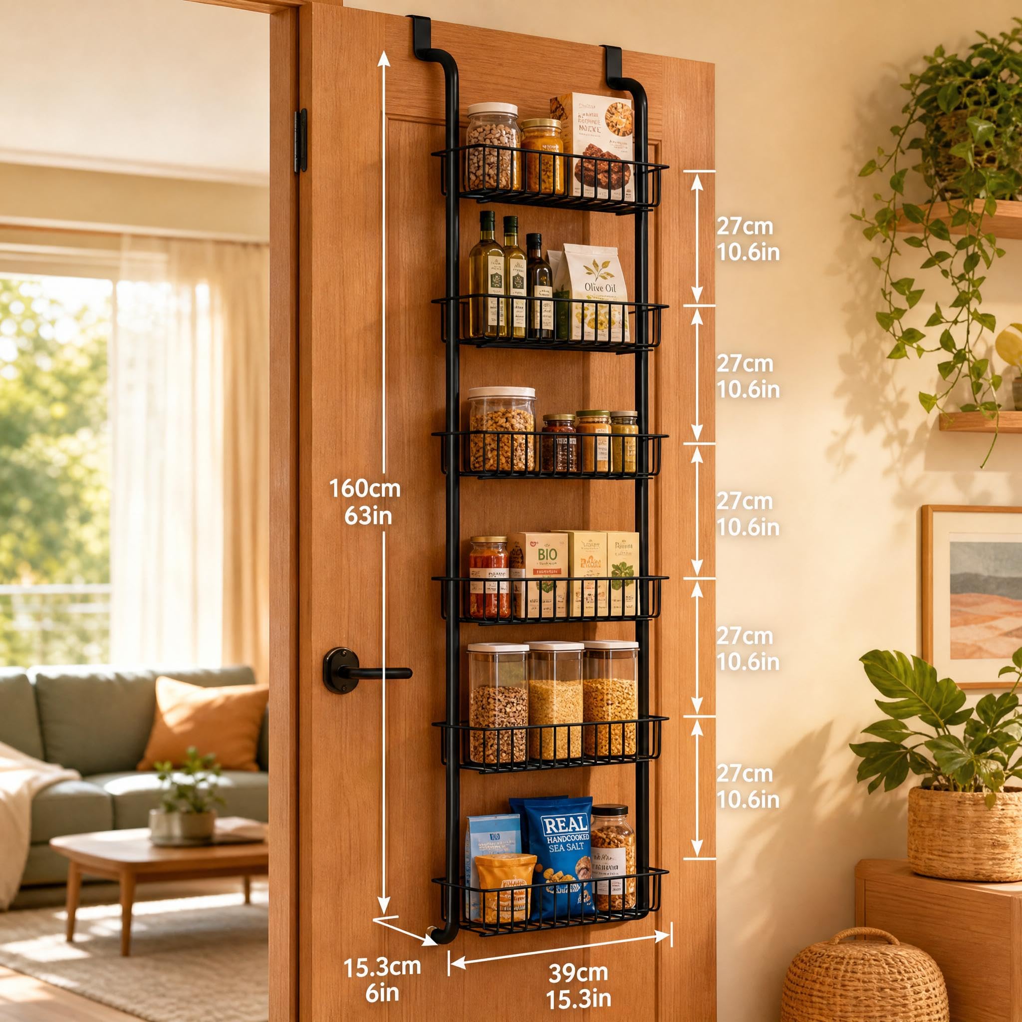 Tür Organizer,Hängeorganizer mit 6 Körben bis 27kg,Küchentür Organizer,Gewürzorganizer Pantry Bad Tür Ablage Waschküchen Organizer,Vorratsschrank-Organizer & Gewürzregal Hängend,160*39*27cm,Schwarz