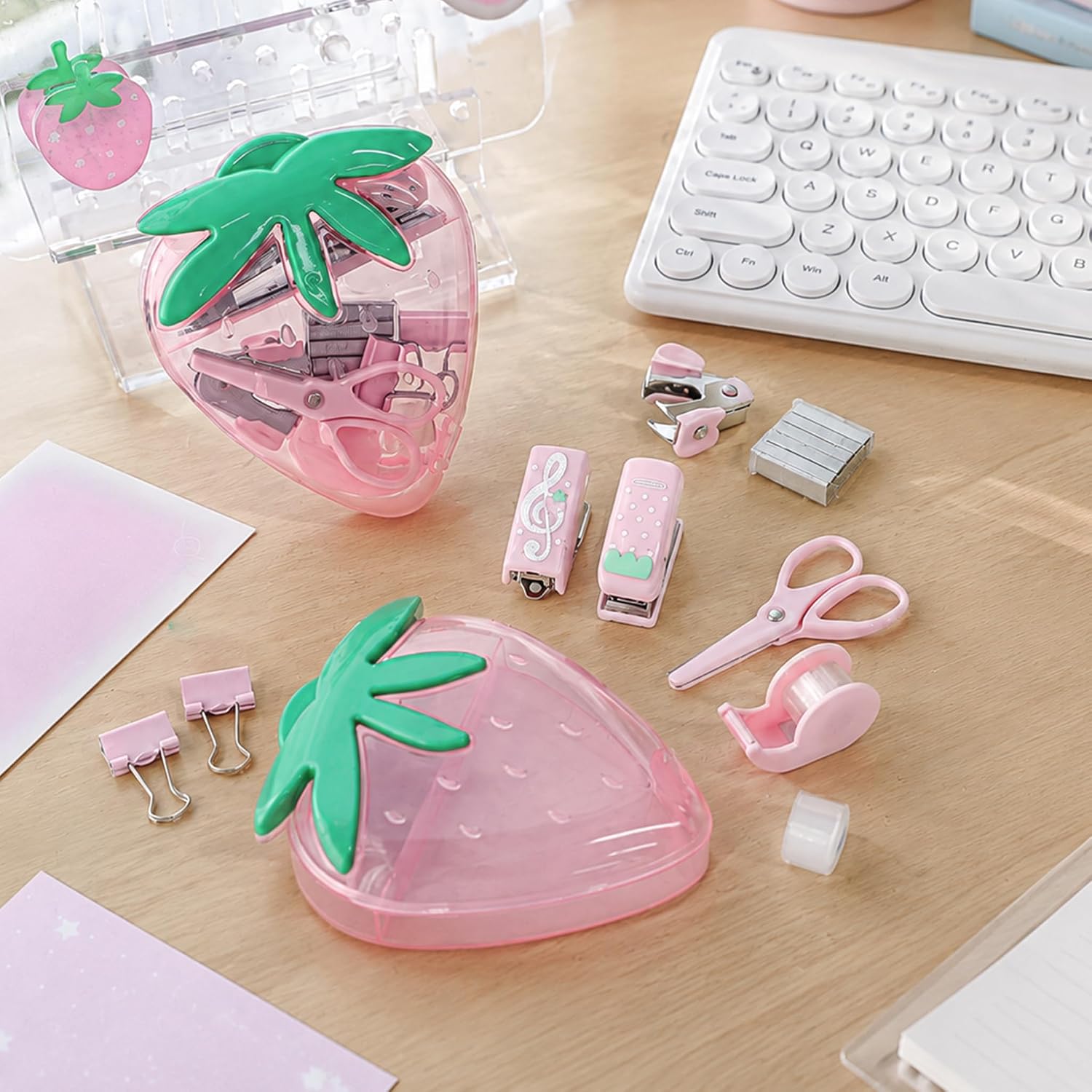 Mini Office Supplies Set 9Pcs Desk Organizer Tool Pink 4.5x3.6 in