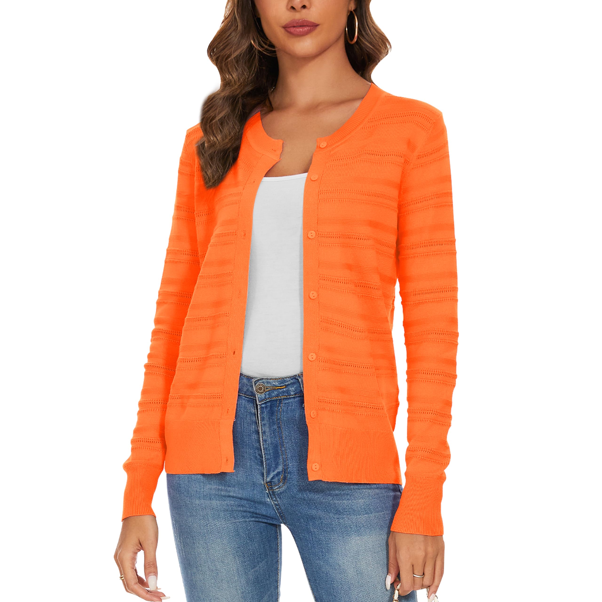 Women's Crew Neck Button Down Hollow Out Stripes Long Sleeve Cardigan Sweater