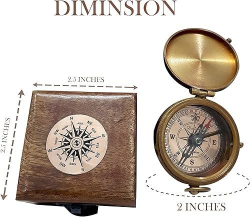Miniatura 2 de Brújula de bolsillo de latón antiguo con caja de madera, herramienta de navegación magnética de 2 pulgadas, vintage, náutico, coleccionable, para