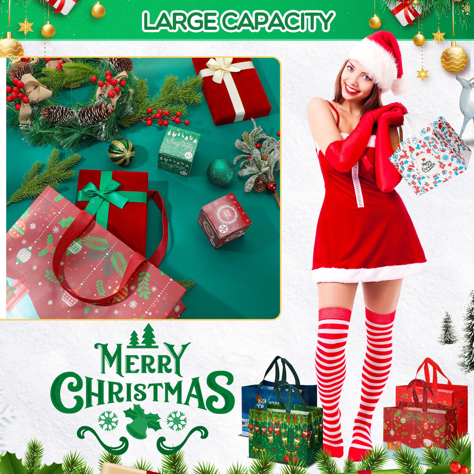 Lot de 36 sacs fourre-tout de Noël en vrac avec poignées – Sacs réutilisables non tissés pour emballage cadeau de Noël – Sacs d'épicerie pour fêtes de Noël – 33 x 25 x 17 cm (classique)