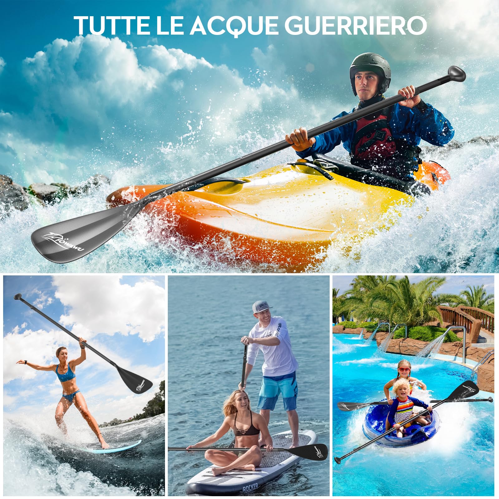 FOWAWU Pagaia SUP Alluminio, Leggero 1.77 lbs (804g) Pagaia da 3 pezzi per SUP Stand Up Paddle Board, Remo per Sup Regolabile Telescopica 160 cm – 210 cm