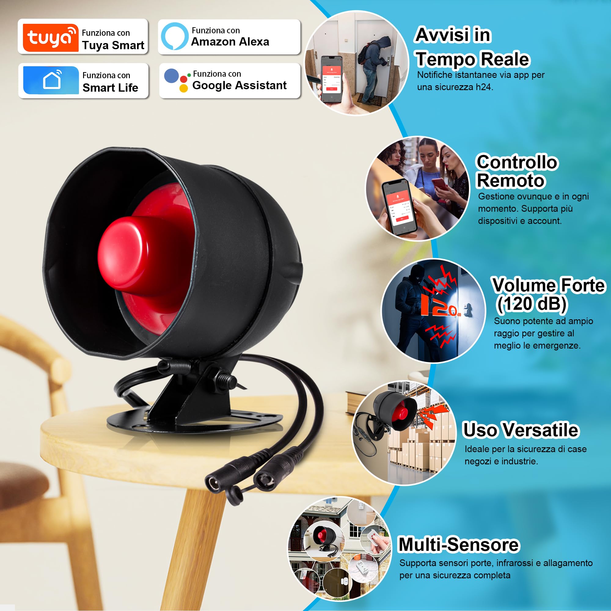 Sistema di allarme WiFi, 120 dB, sistema di allarme radio per la sicurezza domestica, con 2 sensori di movimento e telecomando per capannoni e garage