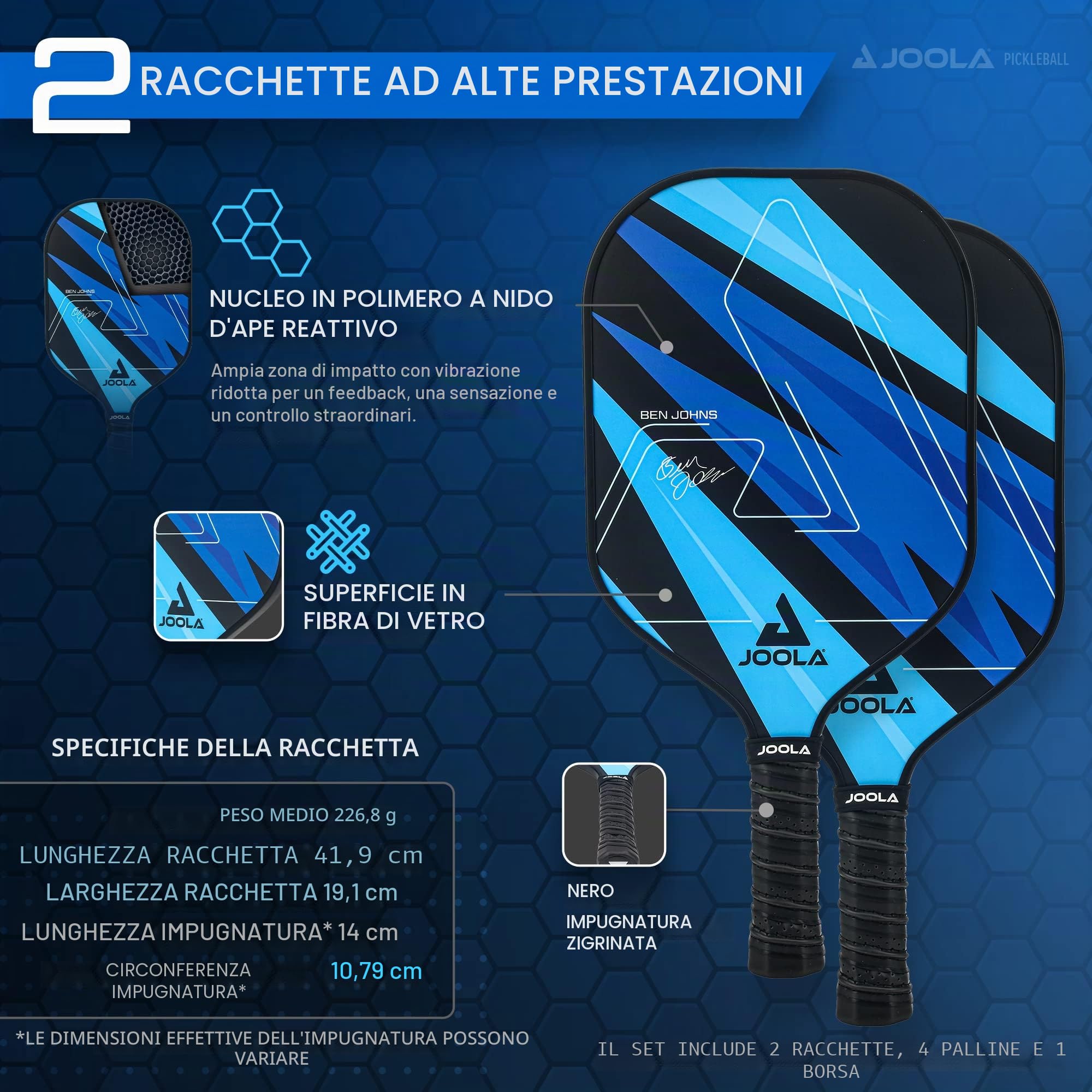 JOOLA Pickleball Set Blue Lightning, Include 2 Racchette, 4 Palline e una Borsa, Ideale per Giocatori Occasionali, 7 Pezzi