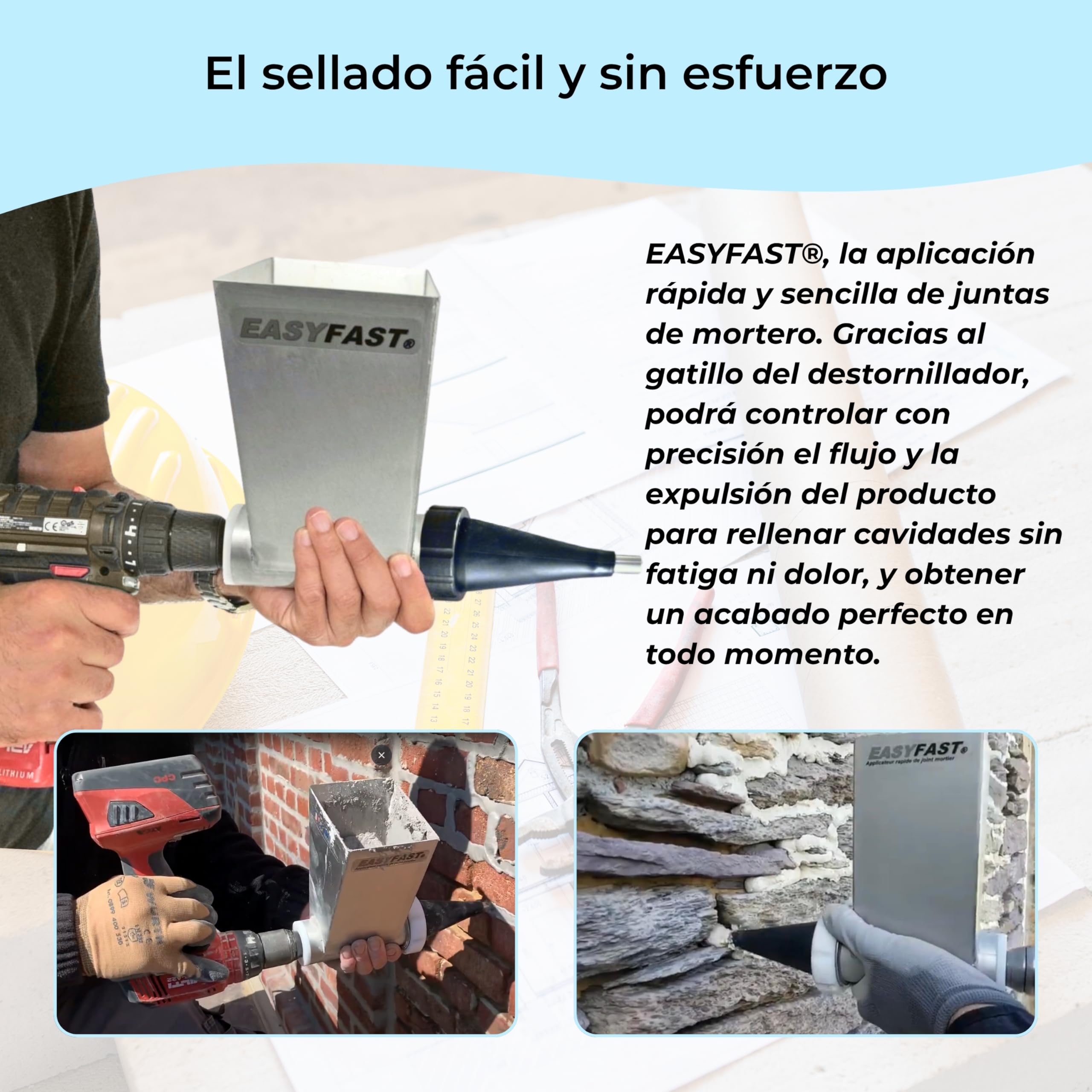 EASYFAST Aplicador de juntas de mortero para piedra y ladrillo con taladro – precisión profesional y limpieza rápida