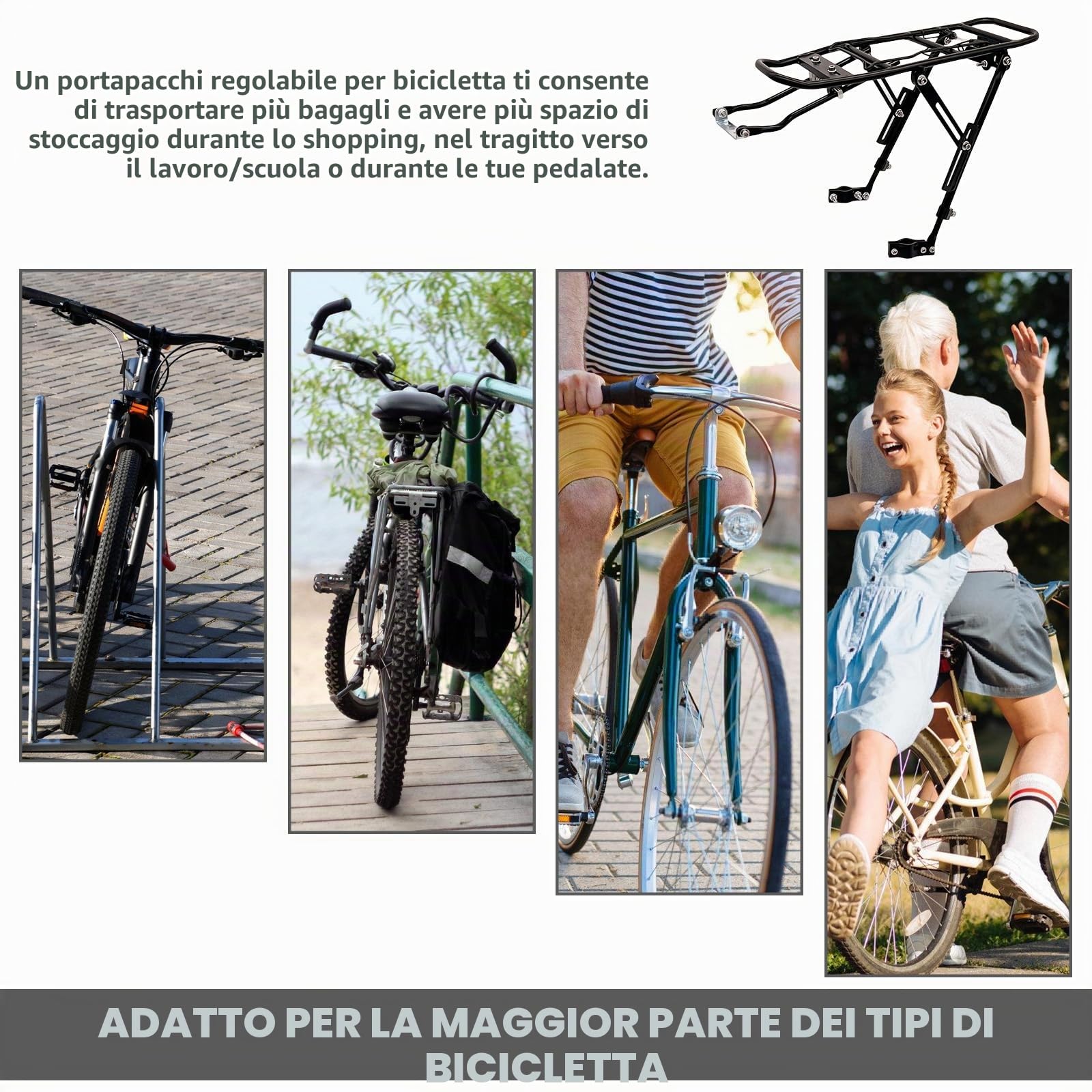 Portapacchi universale per bicicletta, regolabile per 24-29 pollici, portata massima 35 kg