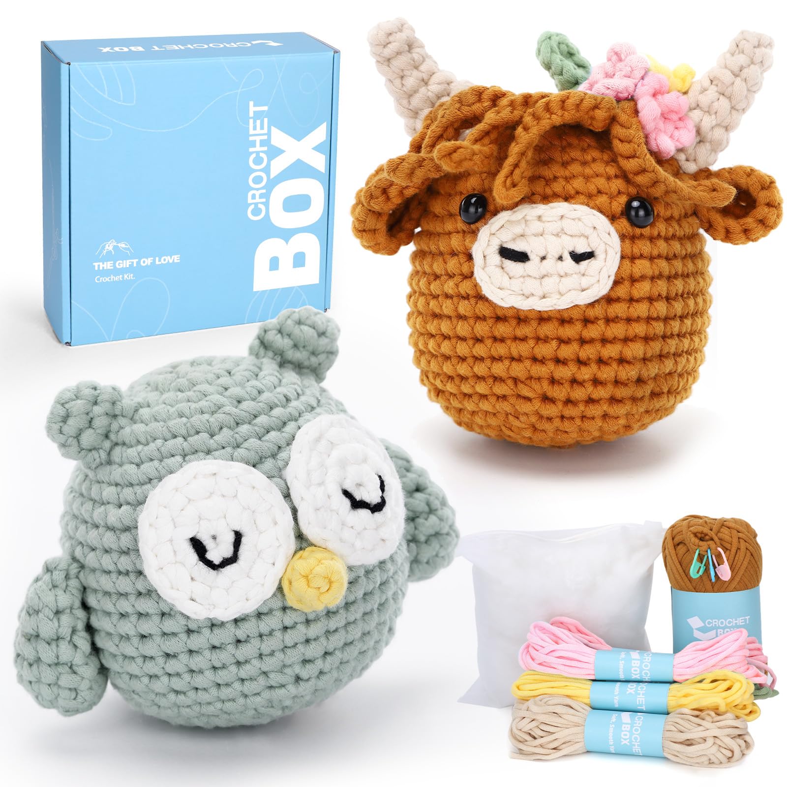 CrochetBox Brown Highland Cow and Owl Crochet Kit for Beginners, 2 PCS Set