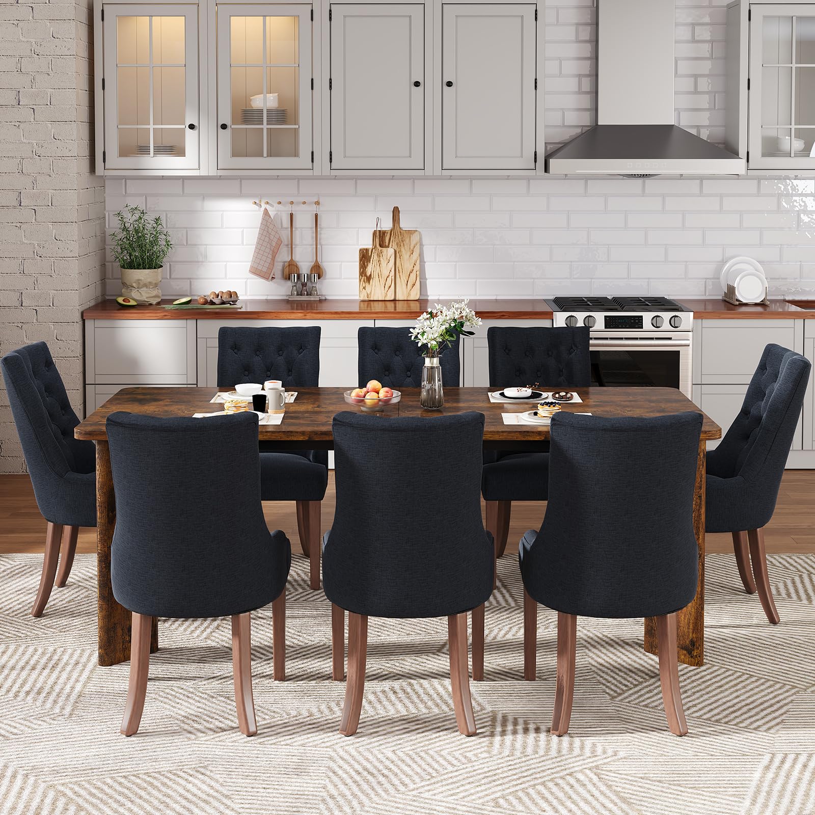 MALOL 9-Piece Rectangular Dining Table Set for 8, 63" Industrial Kitchen Table with 8 Tufted Parsons Dinner Chairs for Dining Room, Kitchen, Living Room, Brown+Black