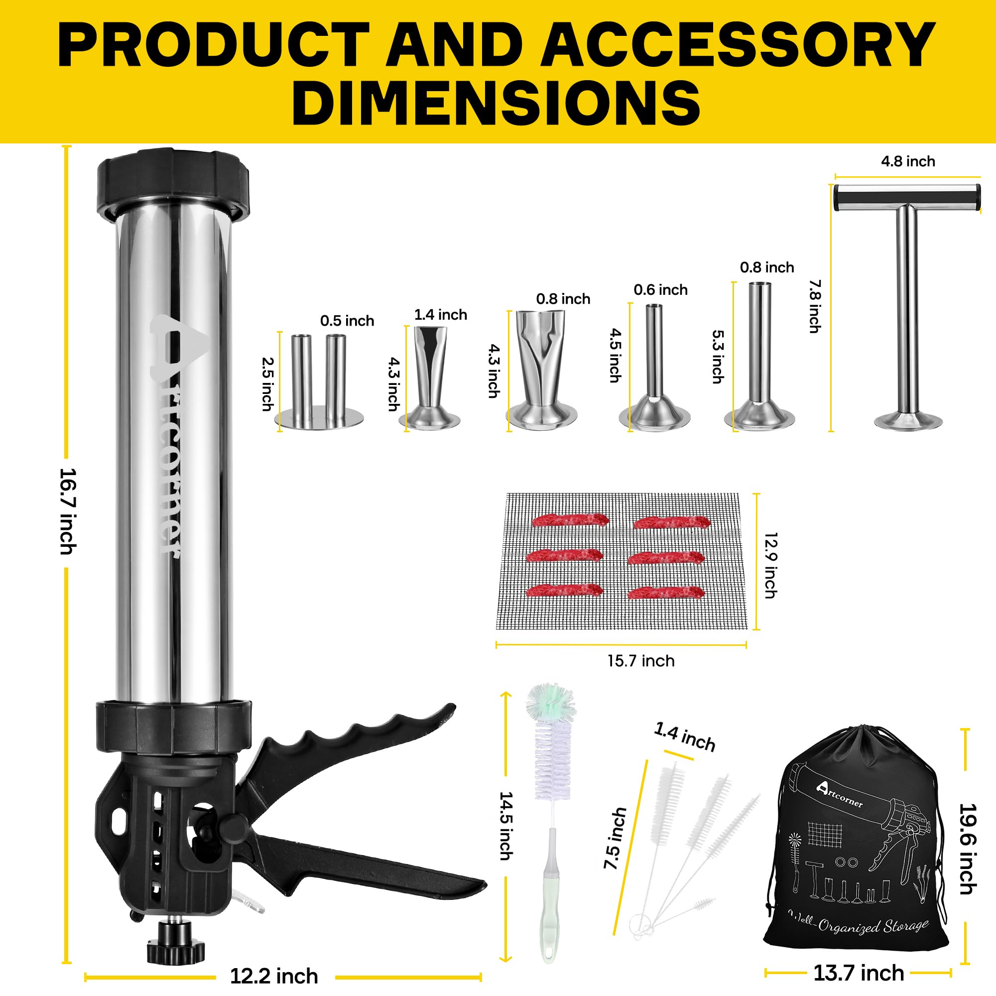 Artcorner Professionelle Jerky Gun für Hackfleisch | 1,1 kg Kapazität Jerky Maker Kit mit 5 Aufsätzen, 2 Bürsten & Aufbewahrungsnetz (Lebensmittelqualität)
