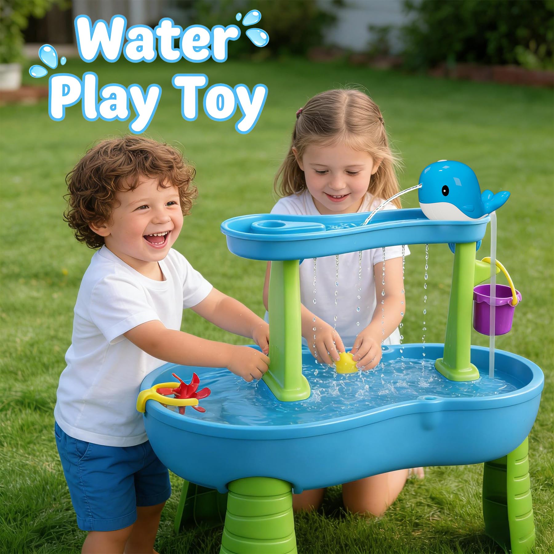 Junyobee Water Table Pump - Whale Rechargeable Water Pump for Water Table Accessories - Battery Powered Water Pump Continuous Flow 3 Hours Non-Stop Fun - Summer Outdoor Water Toys (Blue) - 3