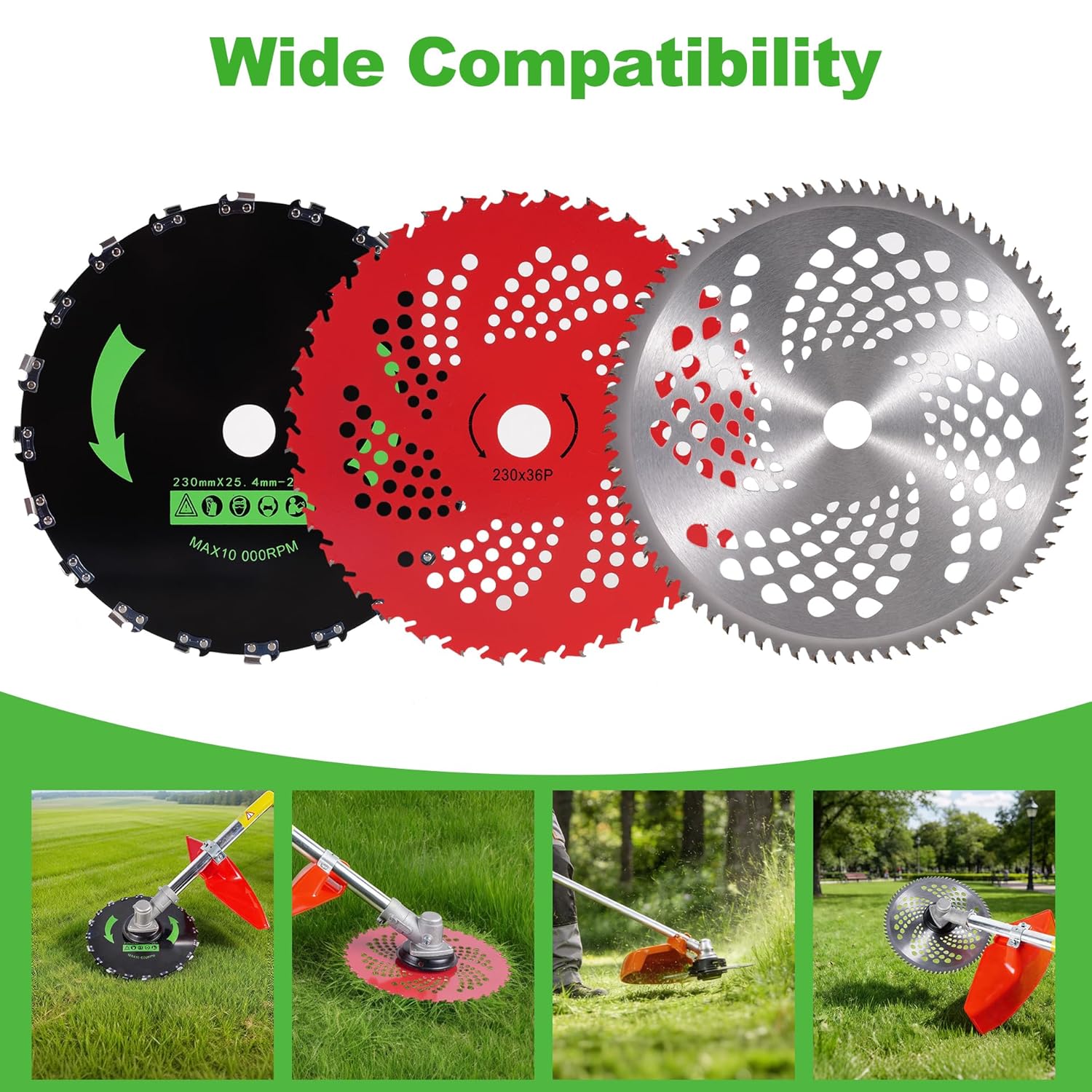 RUTU 9" x 36 Teeth Carbide Tipped Blade & 9" x 20T Carbon Steel Round Chainsaw Tooth Brush Blades & 10" x 80T Brush Cutter Trimmer Blades with Adapter Kit for Brush Cutter Trimmer Weed Eater