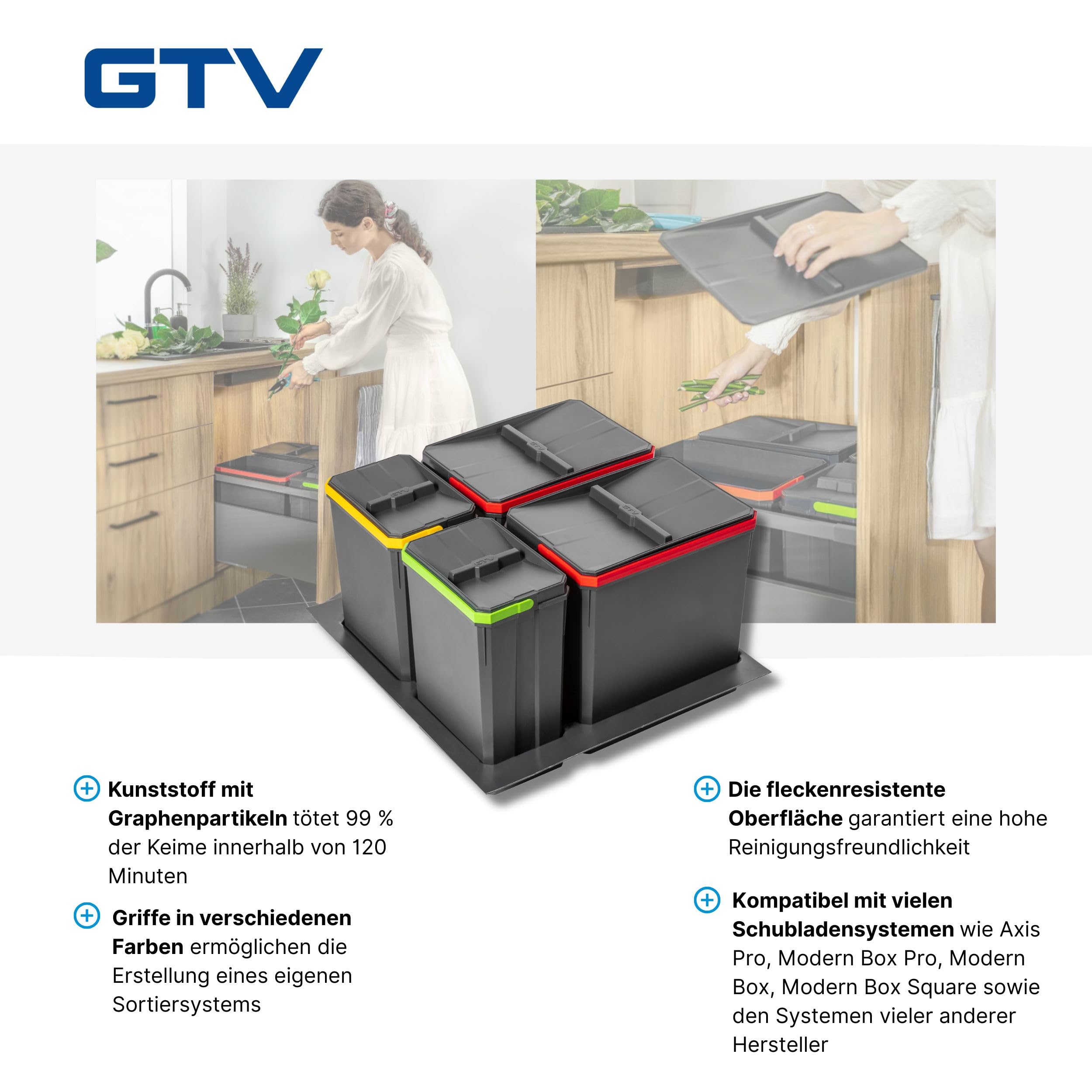 GTV - Abfallsammler Set AxiSpace, für Schubladen und Schränke mit Breite 600 mm, Set Besteht aus Behältern 2x 15L, 2x 7L, Mülleimer aus Kunststoff mit Graphenpartikeln, Farbe Anthrazit
