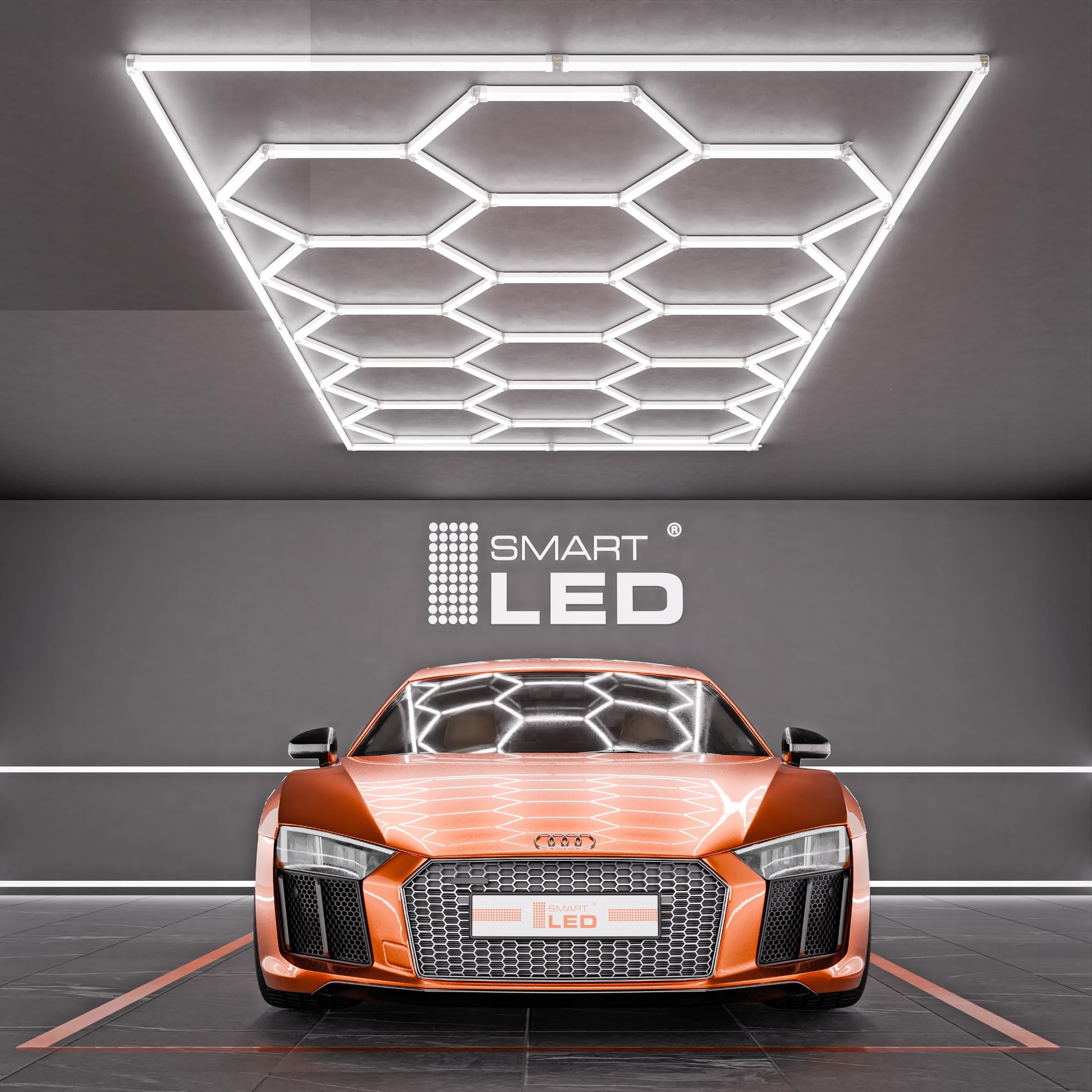 Garagenlampe Hexagon LED 484x243 cm – 15er Set Werkstattbeleuchtung 696W 6500K Kaltweiß – 115LM/W – IP54 – Flimmerfrei – CRI>90 – LED Panel Lichtsystem für Garage, Studio, Detailing, Büro