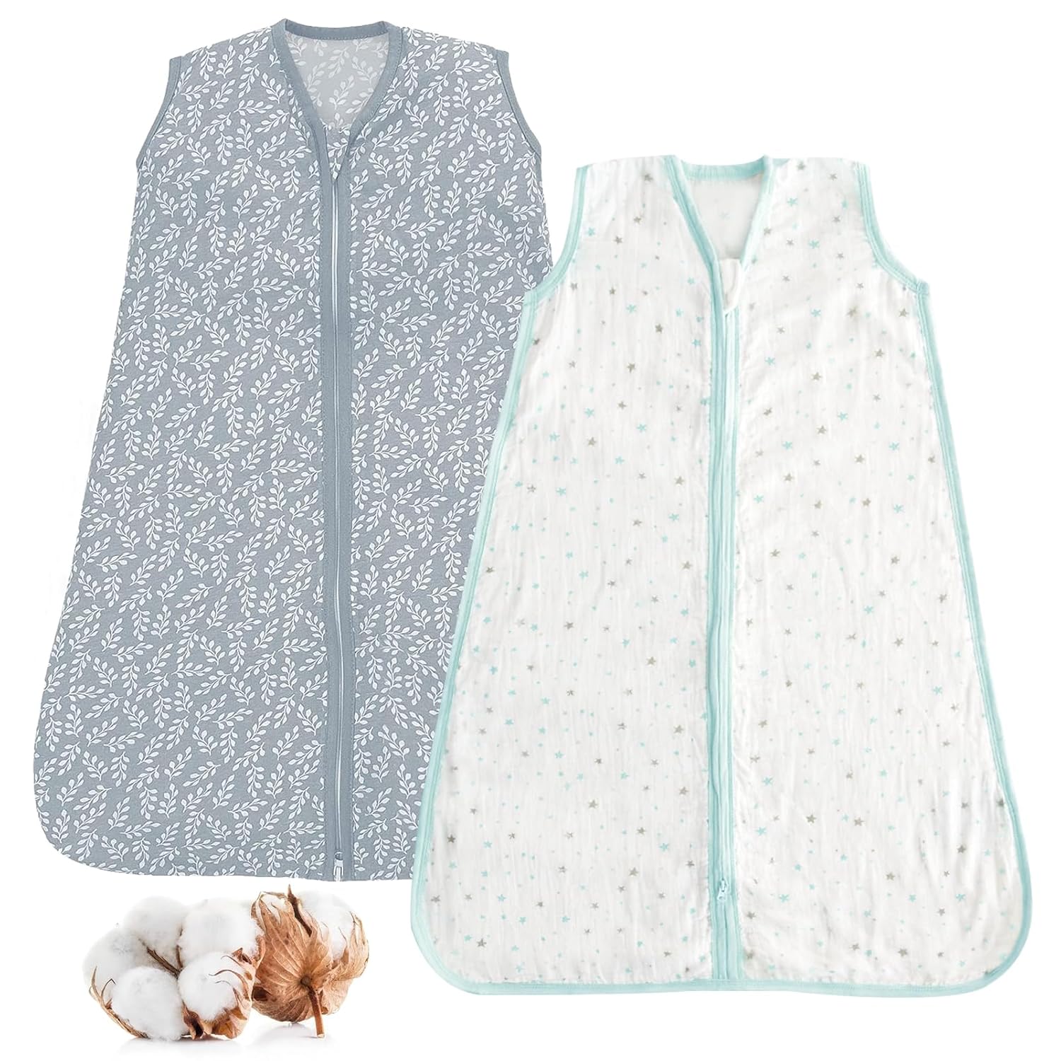 Baby Sleep Sack 12-18 Months 2 Pack, 100% Cotton Toddler Sleeping Bag, 2-Way Zipper Wearable Blanket for Baby Boy and Girl, Large, 0.5 TOG, Blue Star & Flower