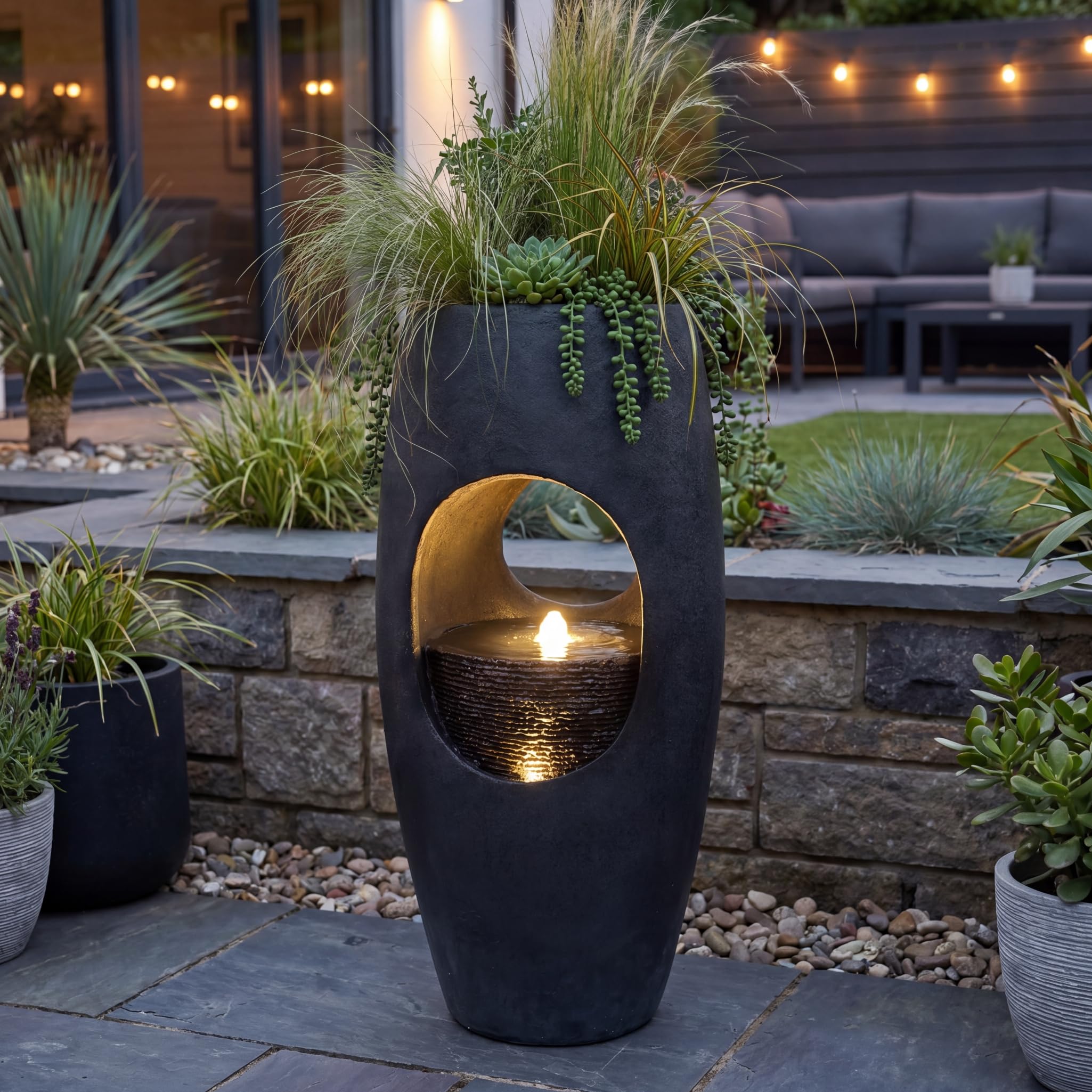 Großer Gartenbrunnen 91 cm bepflanzbar, Indoor & Outdoor Brunnen aus Polyresin, moderner Zimmerbrunnen mit LED-Beleuchtung, Pflanzkübel Springbrunnen für Terrasse Garten Balkon