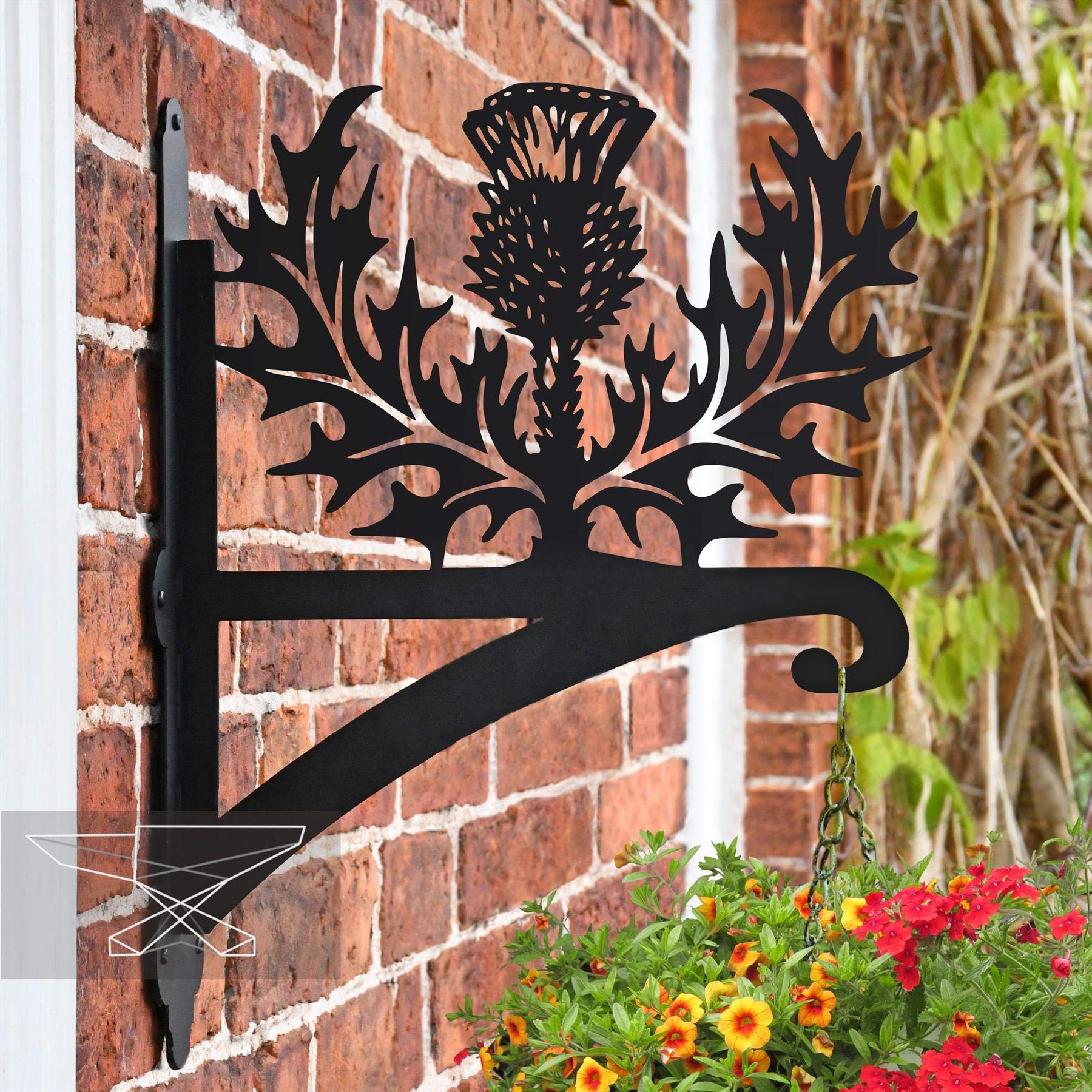 Black Steel Thistle Hanging Basket Bracket - Wall Mounted Garden Plant Hook for Outdoor Baskets, Decorative Heavy Duty Garden Wall Hook