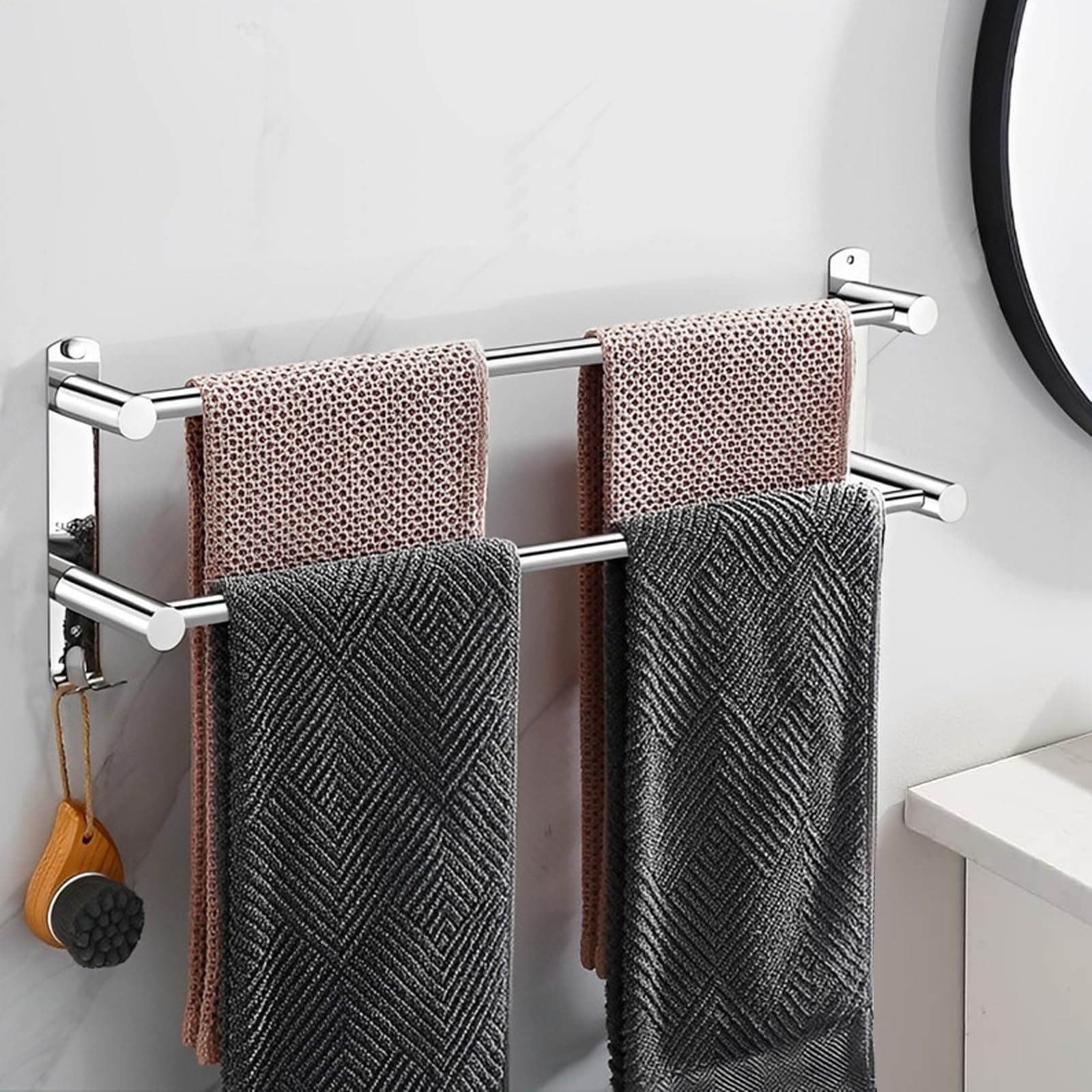 Porte-Serviettes Mural Adhésif avec 2 Crochets 40-75cm Double Bars | Porte Serviette Salle de Bain, Porte-Serviettes Acier Inoxydable 304 Adhésif pour Salle de Bain, Cuisine