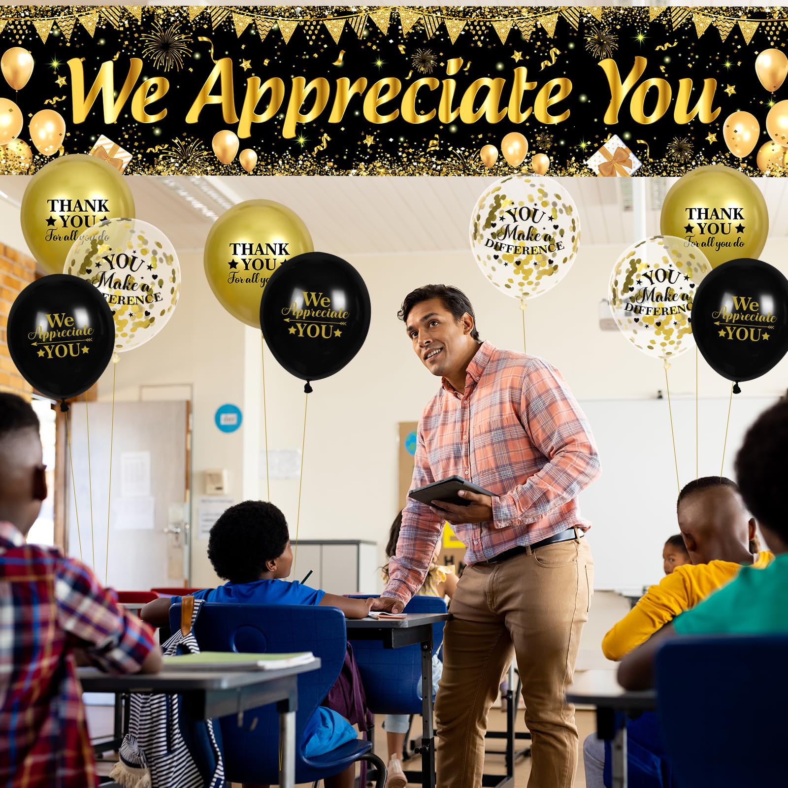 GOLDCROW We Appreciate You Banner With 18 Balloons - Black & Gold Thank You Decor For Employee, Teacher, Nurse