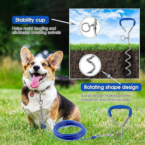 Miniatura 6 de Cable de amarre y estaca para perros, correa de cable exterior de 50 pies y cadena con resorte de choque para campamento y patio, estaca en espiral