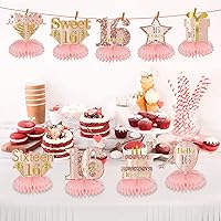 Vista 3 de Centros de mesa de panal de abeja para cumpleaños dulce 16 de chicas, 9 piezas de centro de mesa rosado dorado para cumpleaños de 16 años