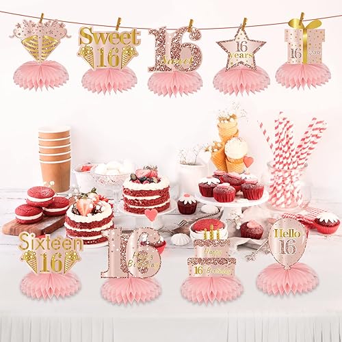 Miniatura 33 de Centros de mesa de cumpleaños de color oro rosa rosa para mujeres y niñas, 8 piezas de centros de mesa de feliz cumpleaños, suministros de fiesta