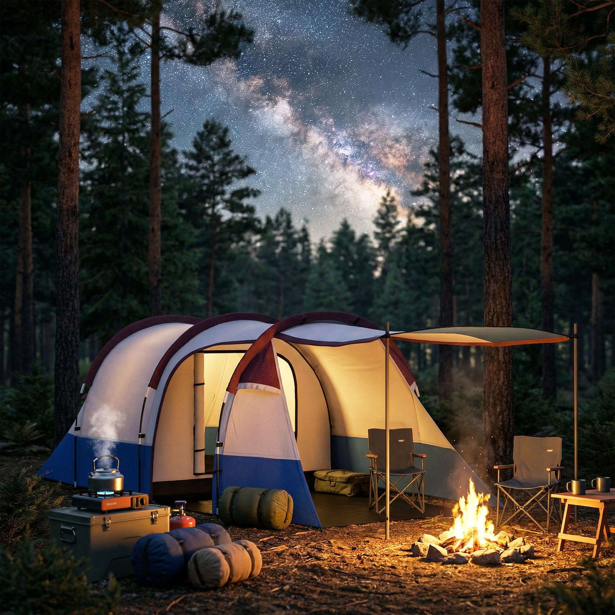 Outsunny Tenda da Campeggio a Tunnel per 3 Persone con 2 Stanze, Tenda Famigliare da Trekking Pesca con Camera da letto, Soggiorno, Telo di Fondo Cucito, Borsa di Trasporto, 420x200x150 cm