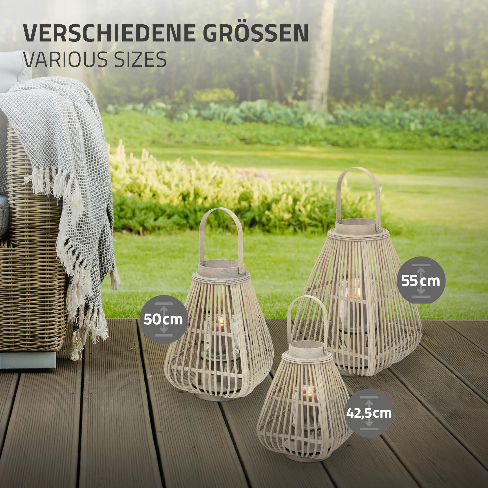 ECD Germany Linterna de Bambú de Madera, 55cm de Altura, Portavelas de Jardín con Asa y Inserto de Cristal, Farolillo de Estilo Boho, Lámpara Colgante Interior/Exterior Decorativo para Terraza, Balcón