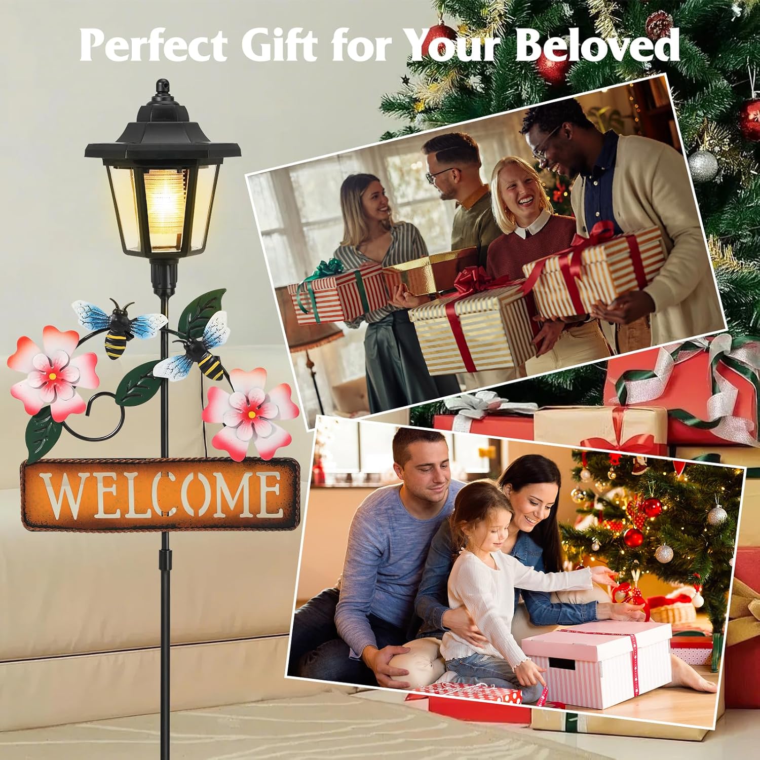 Lewondr Solar Garden Lights Bee, 37.4 Inch Solar Lamp Post Light with Welcome Sign & Bees, Outdoor Waterproof Solar Stake Lights for Yard Porch Patio Pathway Gardening Gifts, 2 Pack
