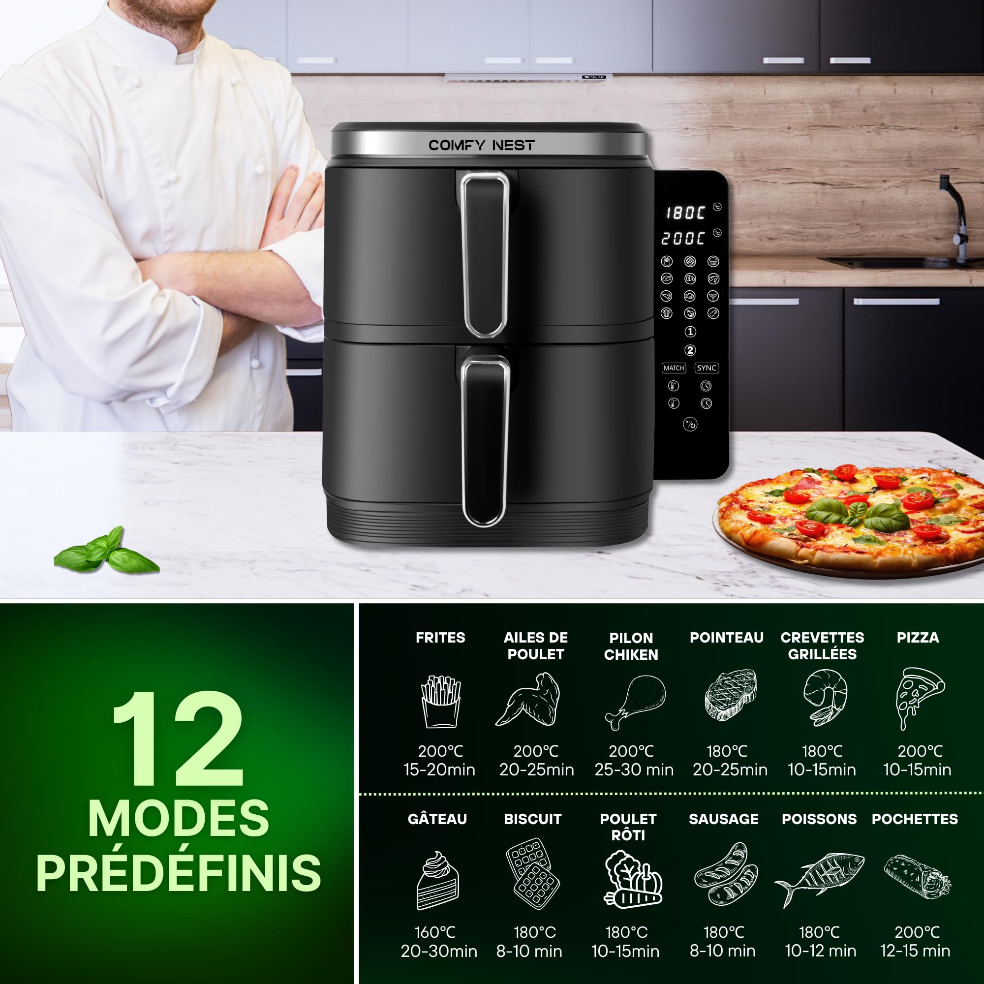 Comfy Nest, 11-Liter-Doppelkorb-Luftfritteuse, Heißluftfritteuse, gleichzeitiges Kochen, digitaler Touchscreen, Rapid Air-Technologie, erhöhte Sicherheit, leicht zu reinigen – 5,5 l, Schwarz