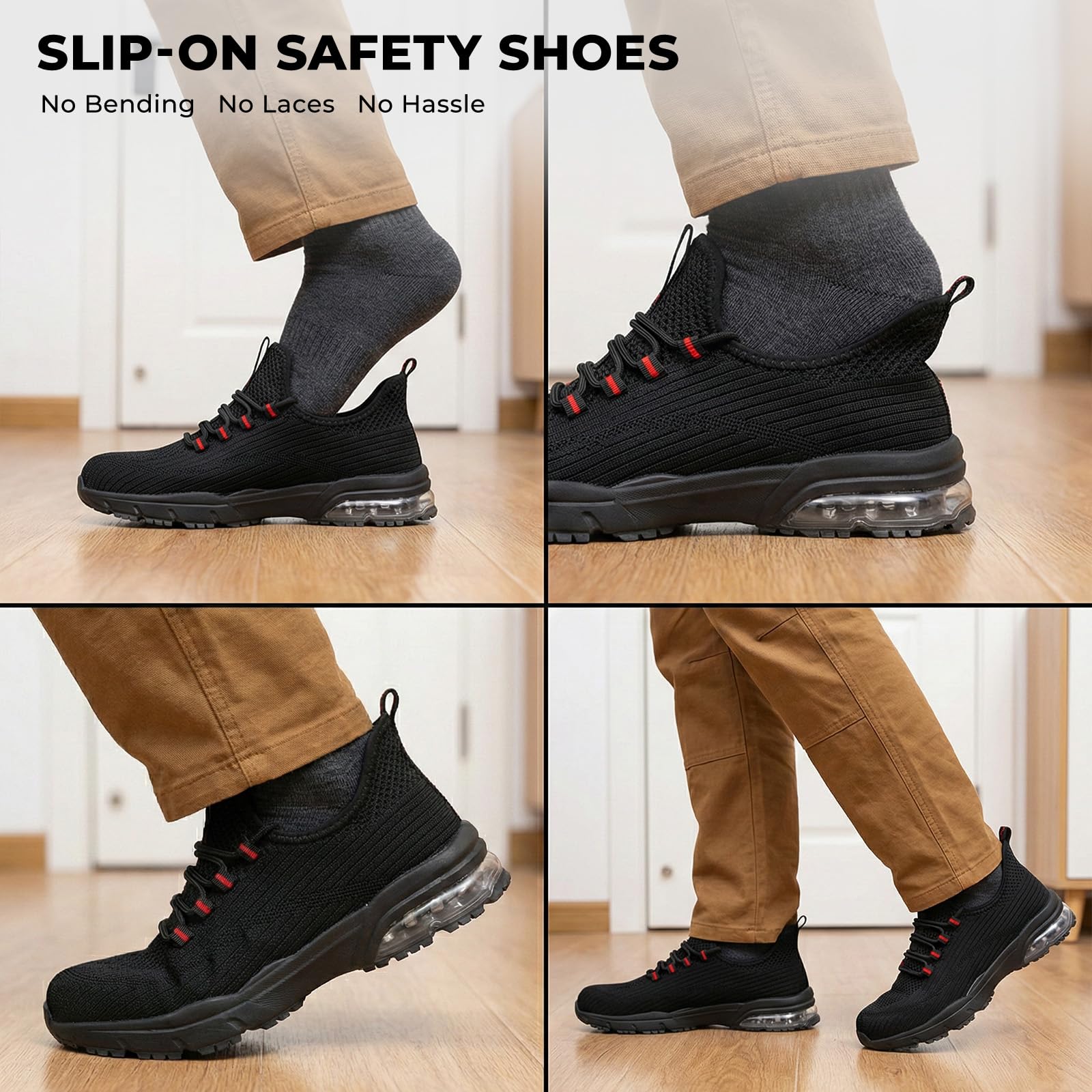 SPIEZ Chaussures De Sécurité Hommes Femmes, Légère Basket De Travail à Coussin d'air, Slip-on, Noir/Rouge EU 37-46
