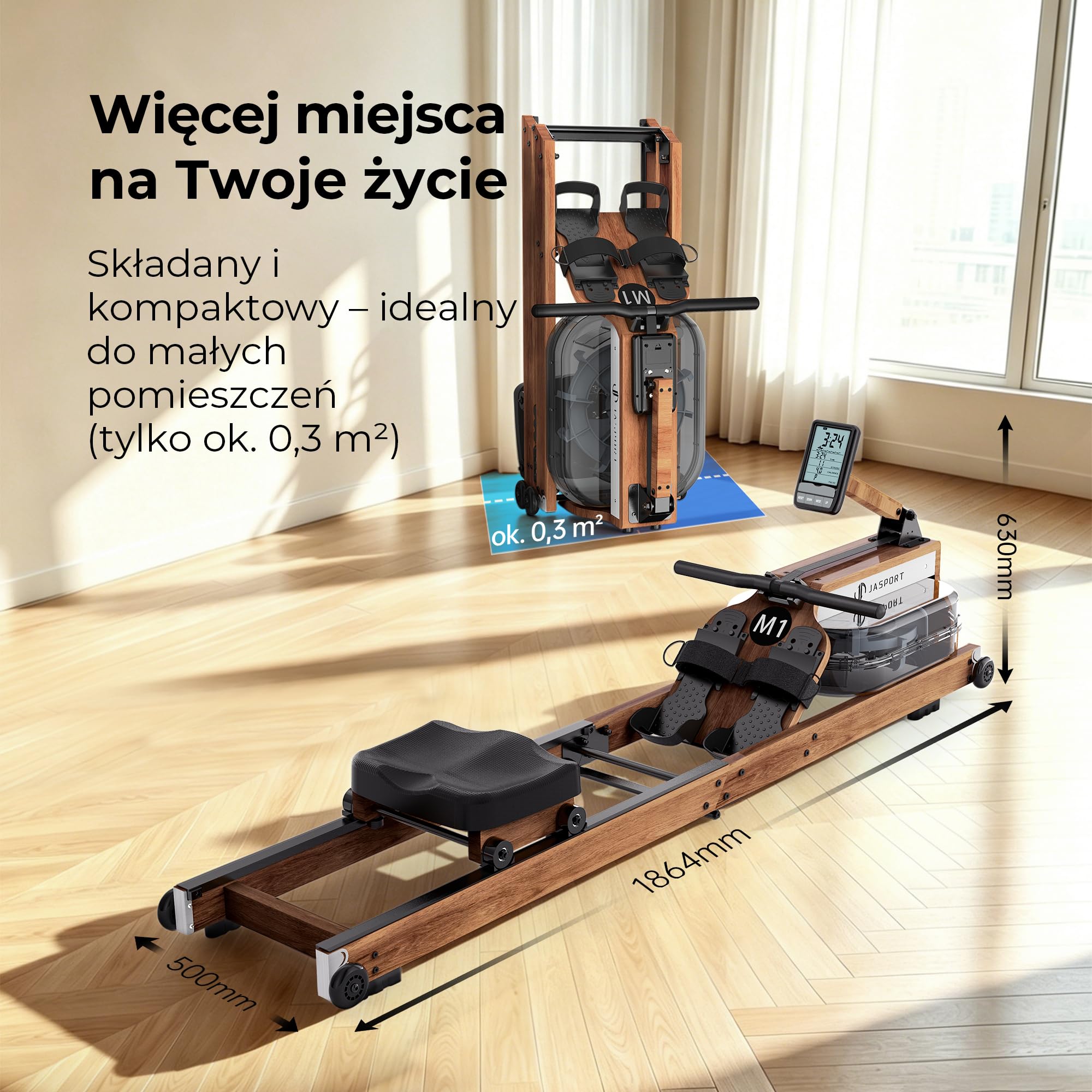 M1 wioślarz do domu – składany i zajmuje mało miejsca, z drewna kauczukowego z certyfikatem FSC, ze zbiornikiem na wodę 20 l, monitor LCD, Bluetooth, kompatybilny z mapą kinową, uchwyt na