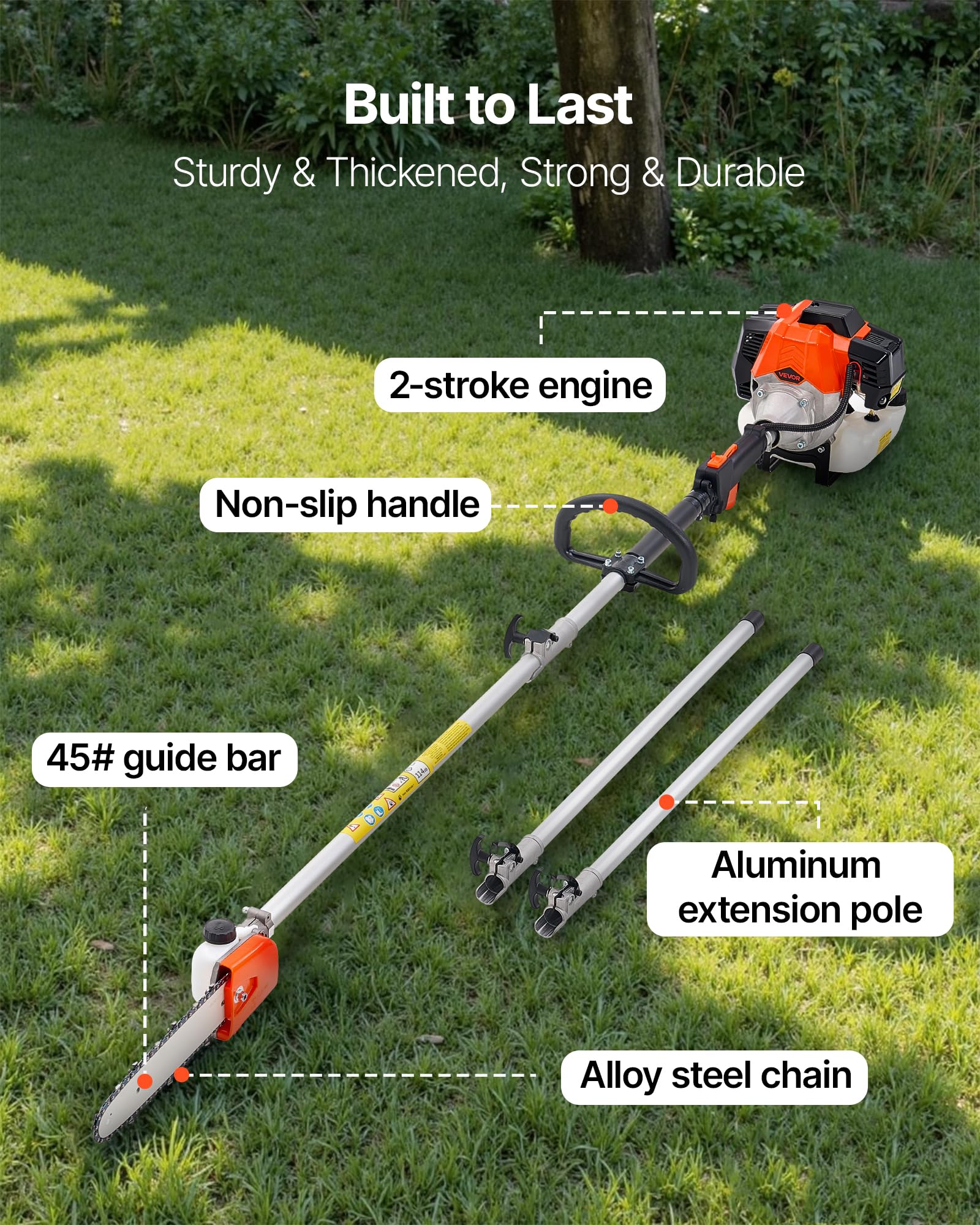VEVOR Élagueuse Thermique sur Perche à 2 Temps, 43 cc, Élagueuse sans Fil à Essence, avec Perche Extensible 2,08-3,58 m, Guide-chaîne 25,4 cm, Réservoir de Carburant 850 ml, pour Élagage des Arbres