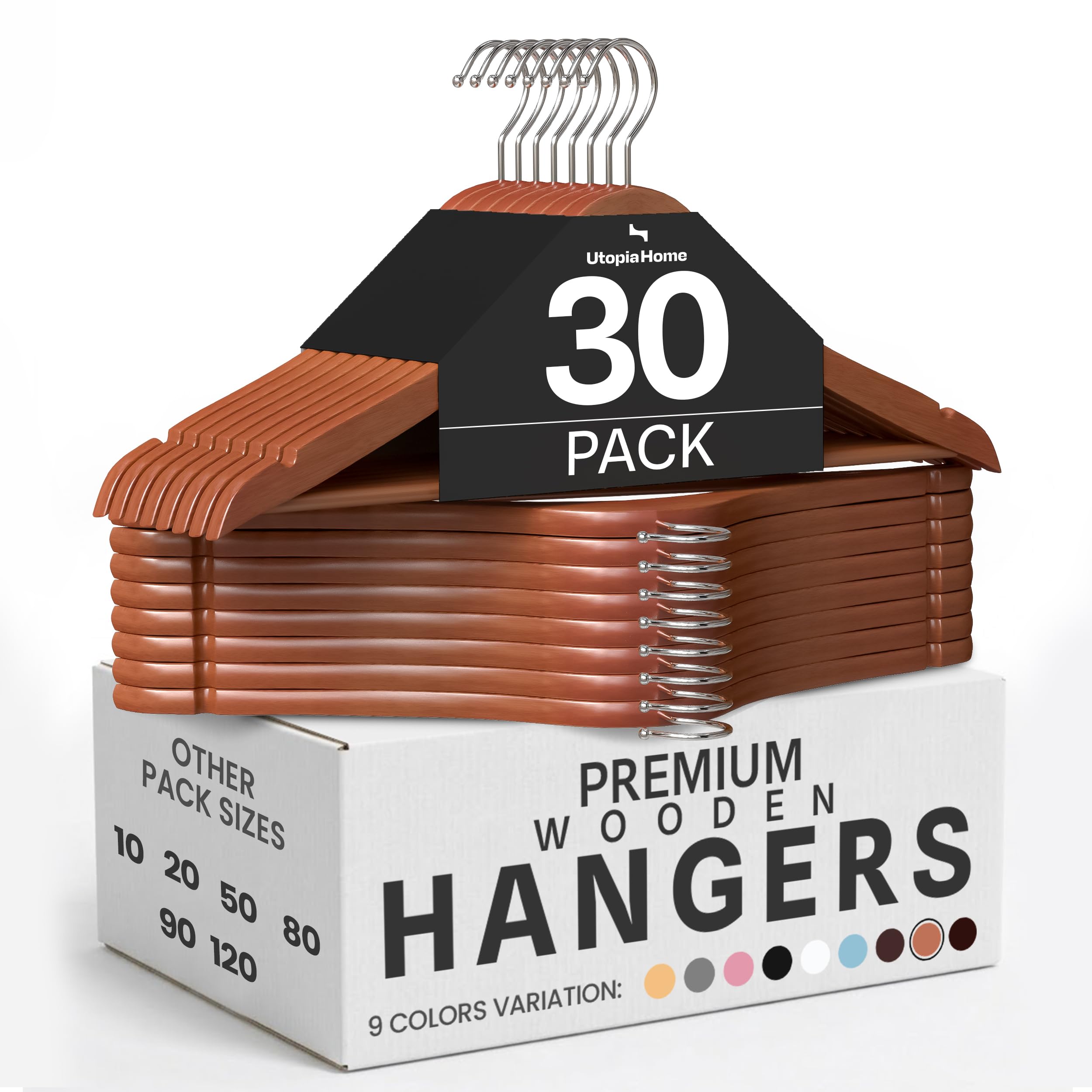 Utopia Home Premium Wooden Hangers 30 Pack - Durable & Slim Coat Hanger - Suit Hanger with 360-Degree Rotatable Hook - Wood Hangers with Shoulder Grooves (Cherry Color)