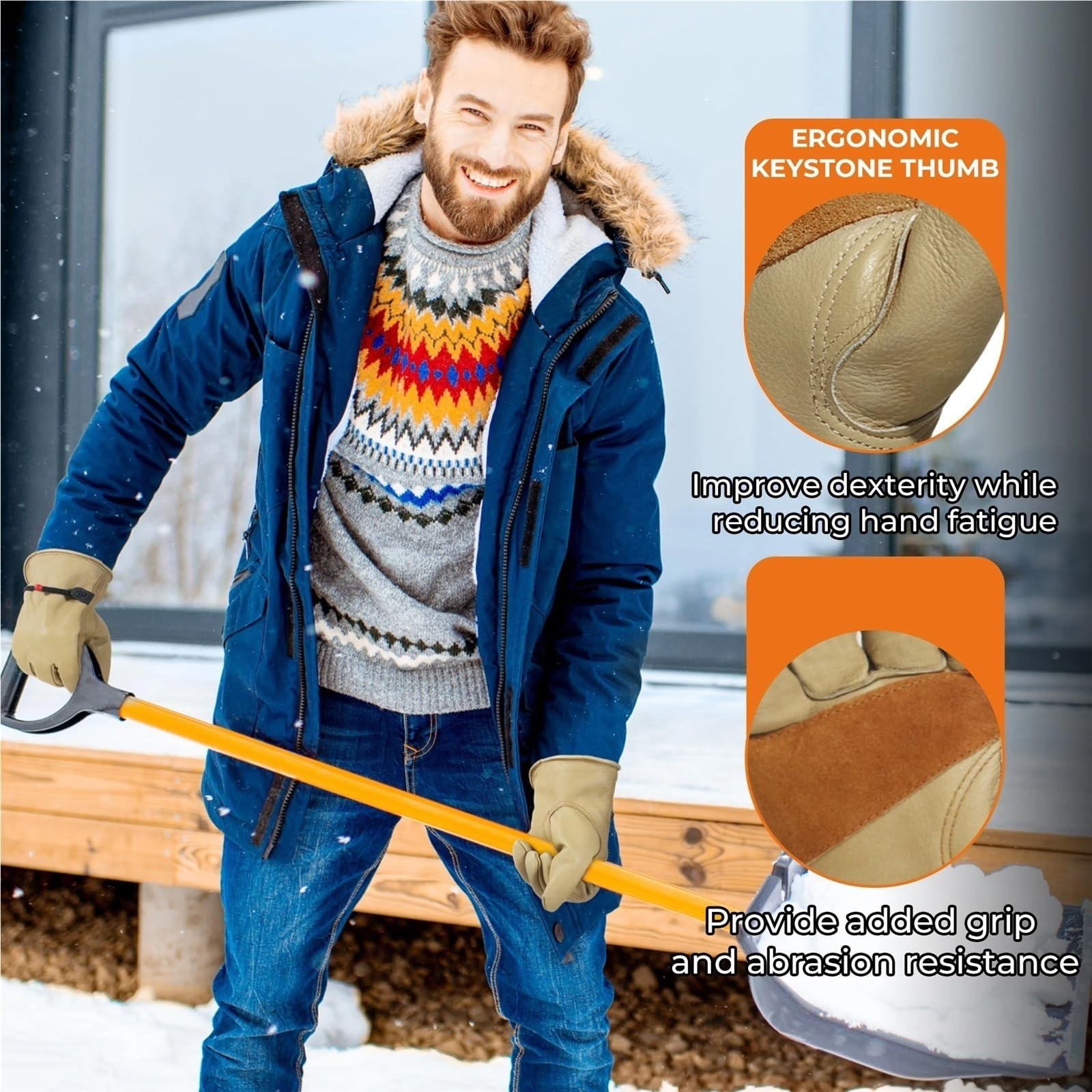 Guantes de invierno Tiras ajustables cuero Conductor trabajo con forro cálido al aire libre para Obra Montaje Mecánicos(XXL)