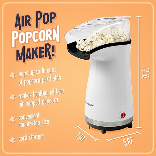 Miniatura 2 de Nostalgia Air Popper - Máquina para hacer palomitas de maíz, 16 tazas de maíz sin aceite, incluye taza medidora de 4 onzas, perfecta para noches de