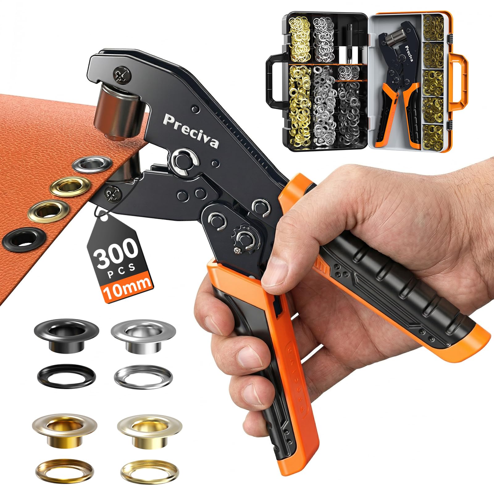 Preciva Ösenzange Set 10mm mit Aufbewahrungsbox | 300x Ösen in 4 Farben (Gold, Silber, Schwarz, Kupfer) | Hebelsystem & Ratschenmechanik | Ideal für Planen, Banner, Pappe & Leder