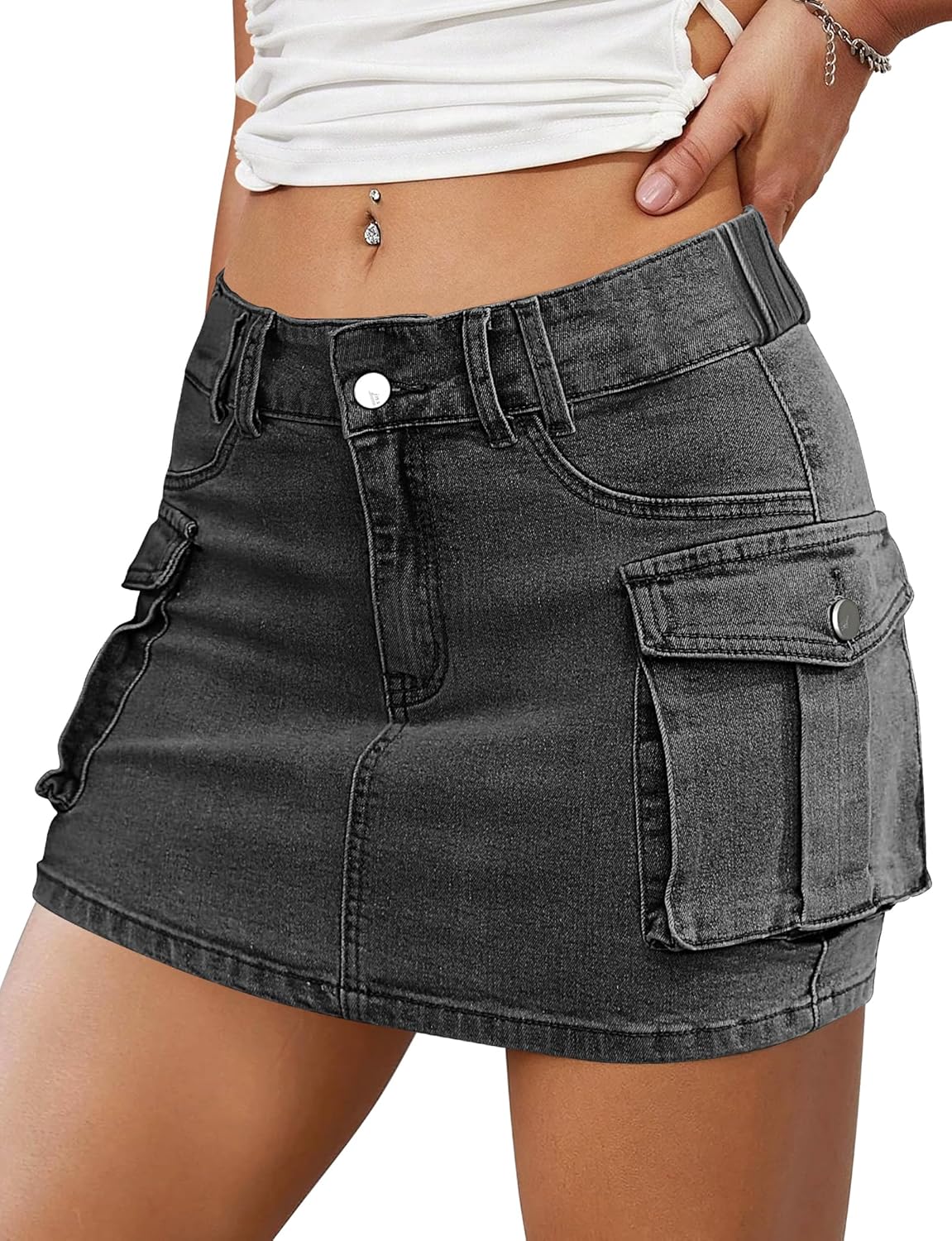 Saia cargo jeans feminina, Y2K Mini cintura baixa moderna slim fit saia curta com bolsos, Preto, GG