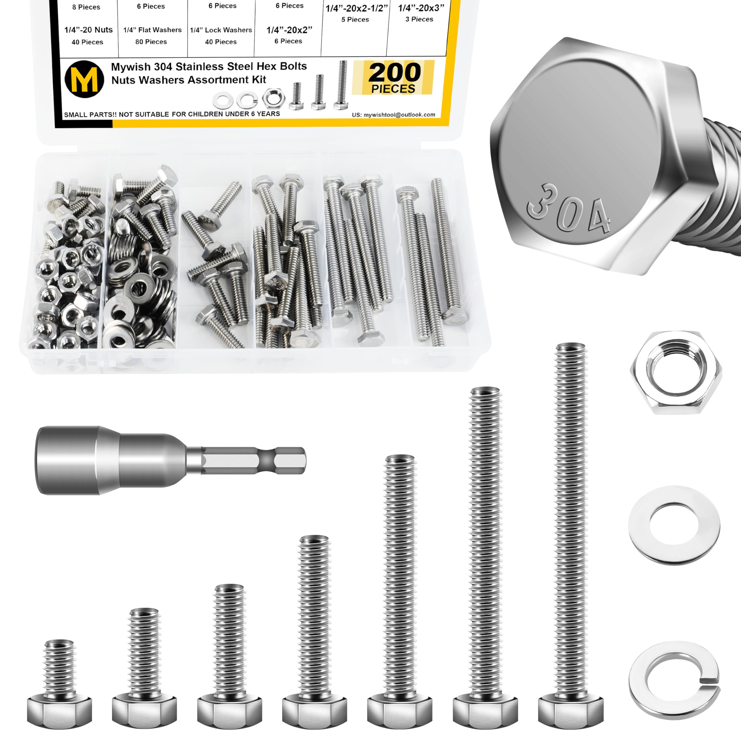 Mywish 1/4-20 Bolt, 200PCS Nuts and Bolts Assortment Kit with 1/4 20 Bolt, Hex Nuts and Washers, 304 Stainless Steel 18-8, Assorted Nuts and Bolts Kit