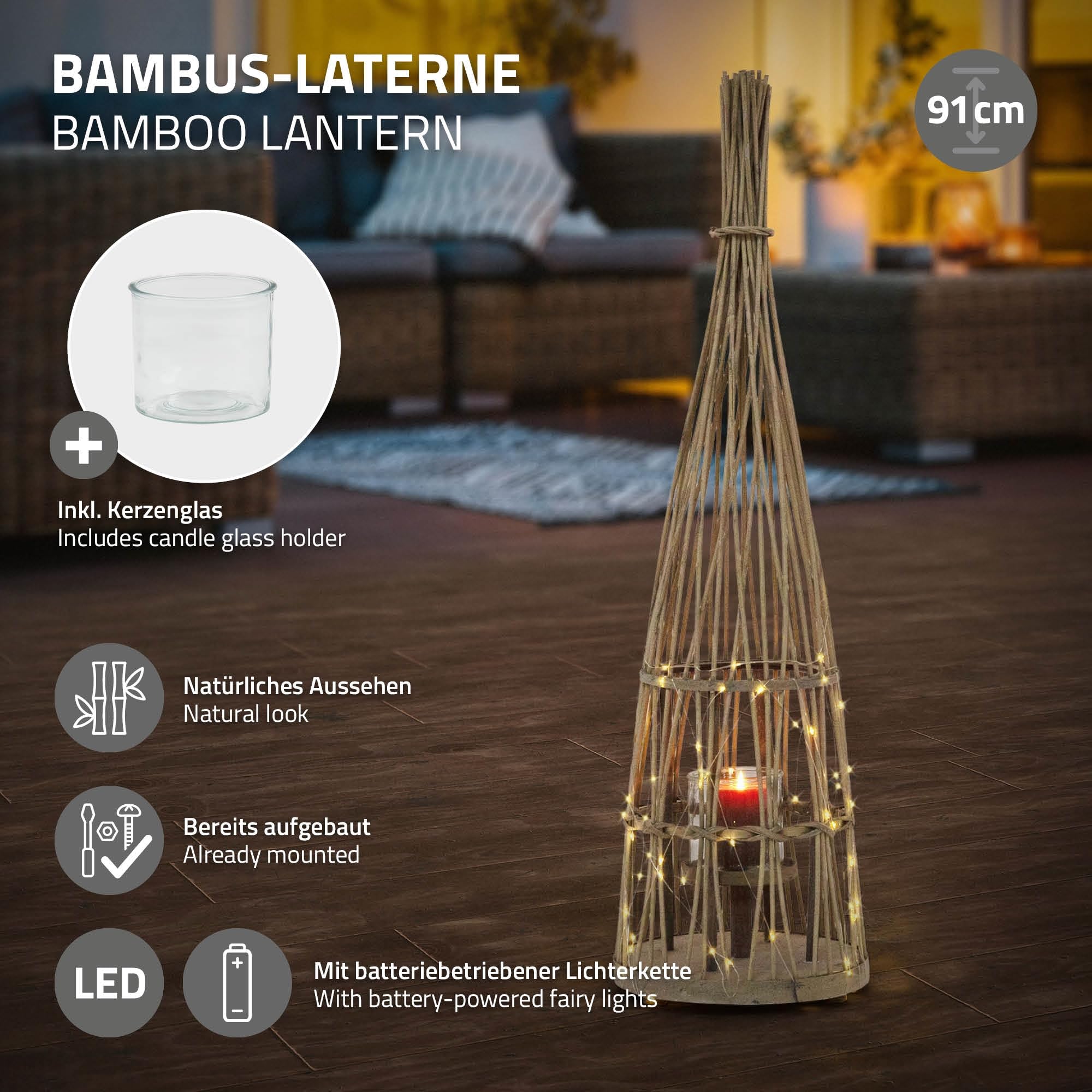 ECD Germany Linterna de Bambú con Guirnalda de Luces LED a Pilas e Inserto de Cristal, 91 cm, Portavelas de Madera, Farolillo Boho, Lámpara Interior/Exterior Decorativo para Jardín, Terraza, Balcón