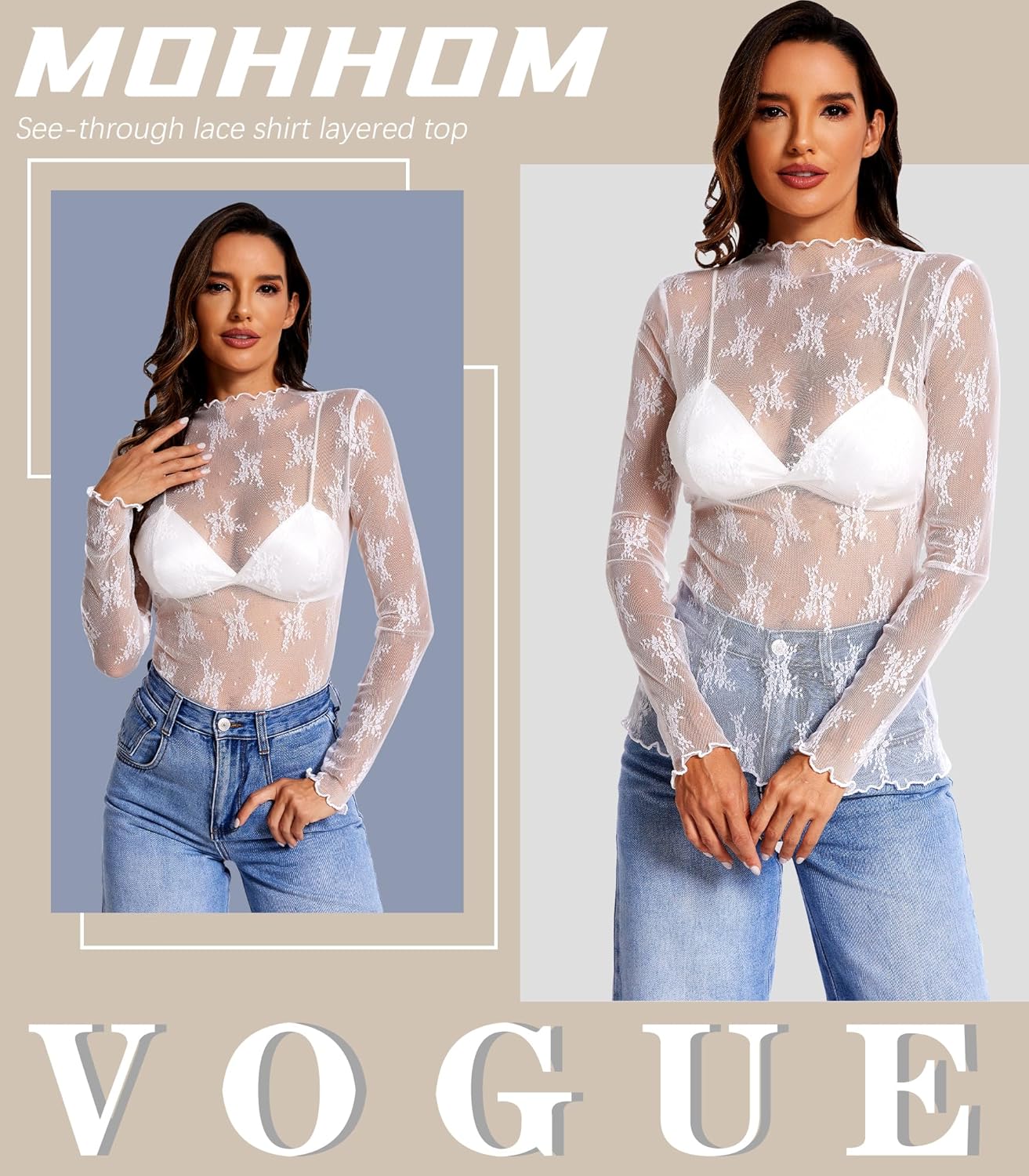 Womens Lace Long Sleeve Mesh Top Mock Neck Sheer Blouse See Through Floral Layering Shirt - Image 3