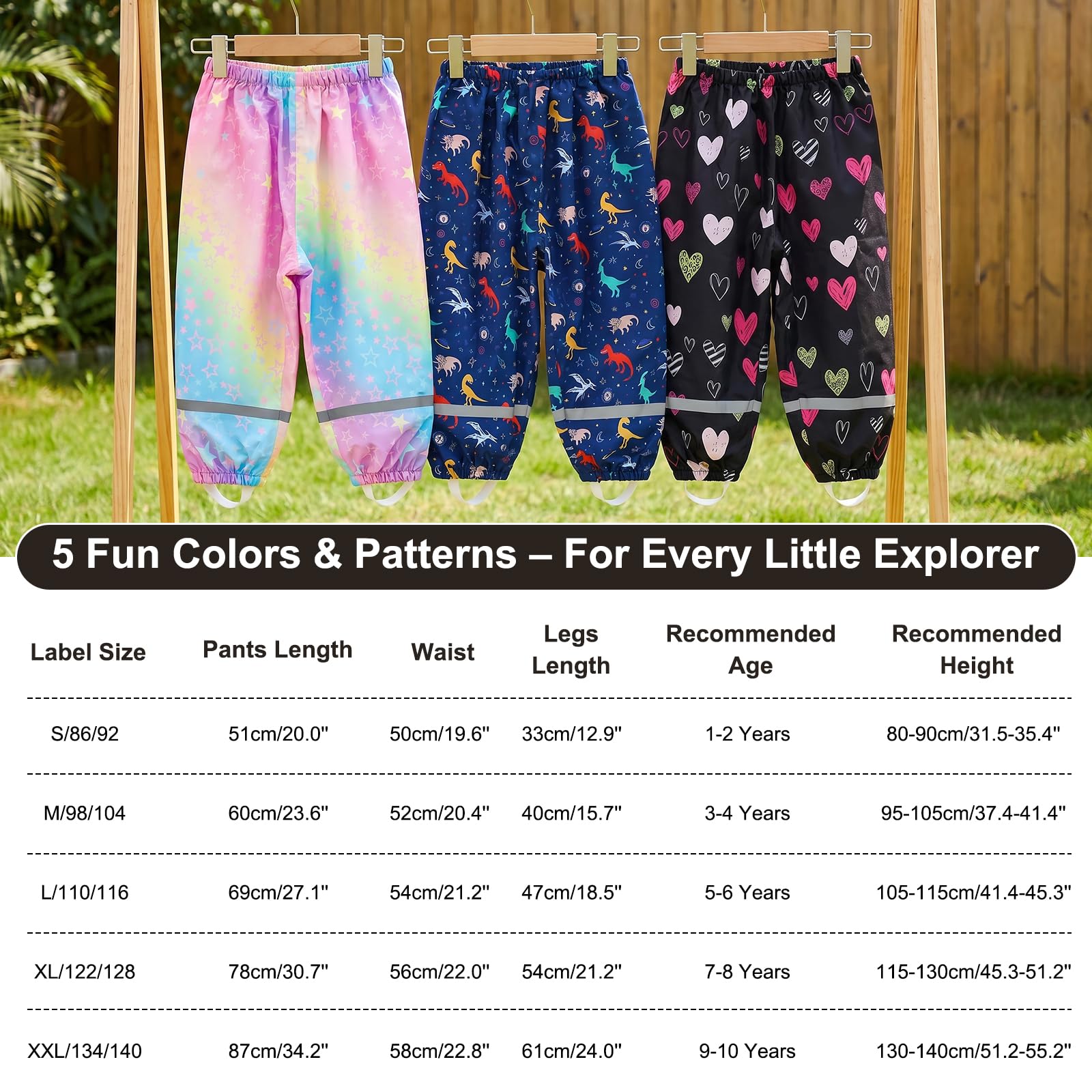 Pantaloni Pioggia per Ragazza Ragazzi, Stampa Impermeabile Pantalone con Riflettente Bambini Leggero Antipioggia Anti-Fango Pantaloni All'aperto Abbigliamento per 1-10 Anni