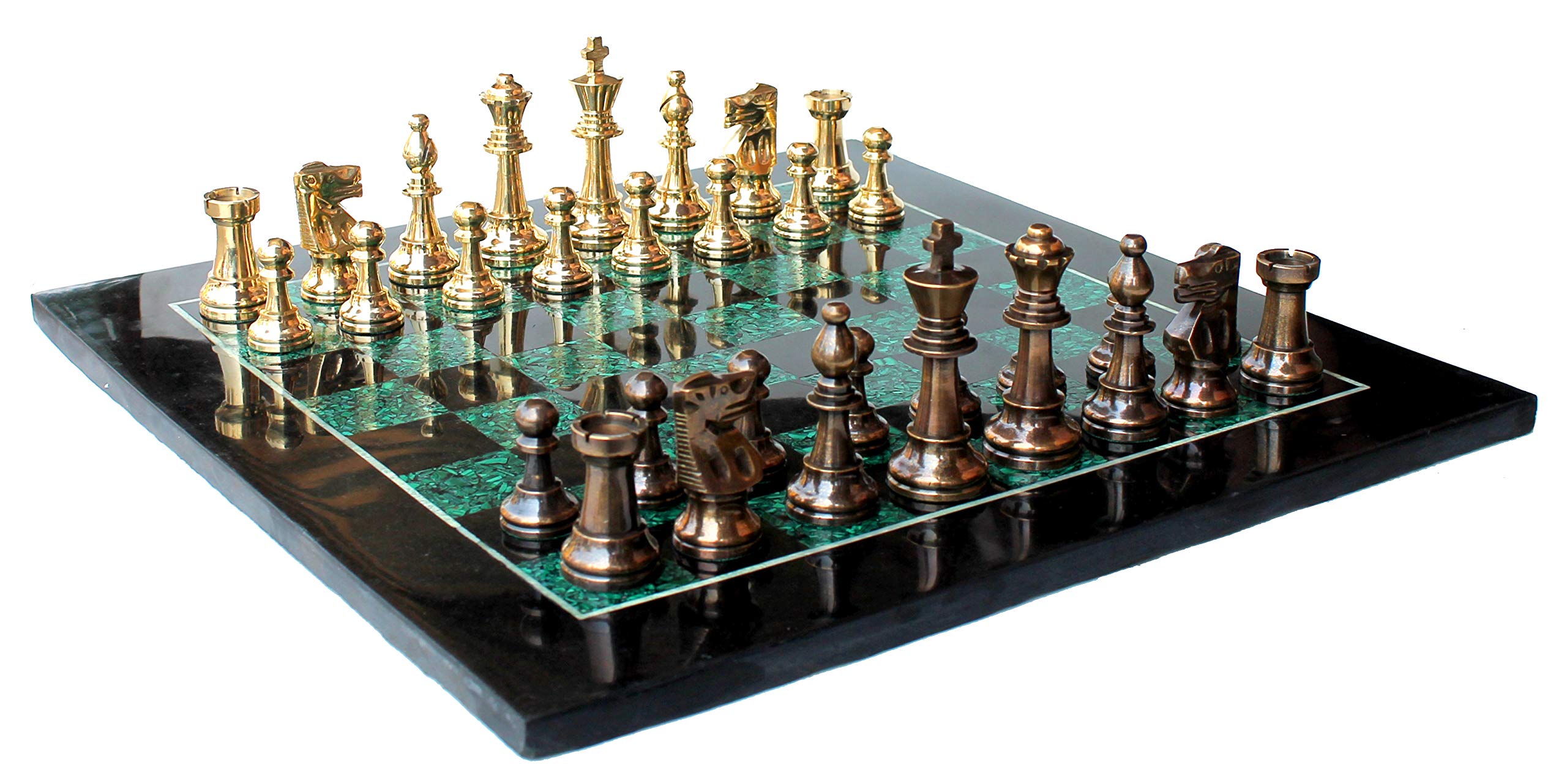 StonKraft Jeu d'échecs à collectionner, marbre noir et pierre de malachite + figurines d'échecs en laiton, pierre décorative, dé