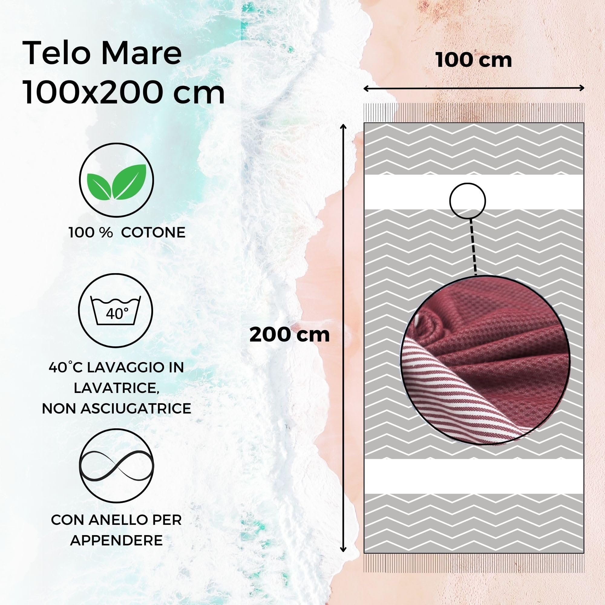 furora HOLIDAY Telo Mare Cotone - Grande 200x100 cm - Ultra Leggero - Asciugatura Rapida | Asciugamano Mare Donna e Uomo: Facile da Pulir - multifunzionale per Spiaggia, Piscina, Viaggio, Outdoor