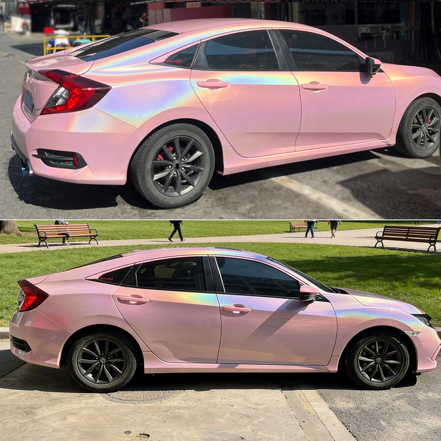 Rainbow Charming Pink Glossy Chameleon Car Vinyl Wrap, Metallic Sparkle Effect Holographic Laser Iridescent Color Change DIY Vehicle Vinyl Film, 59.84" x 29.52"