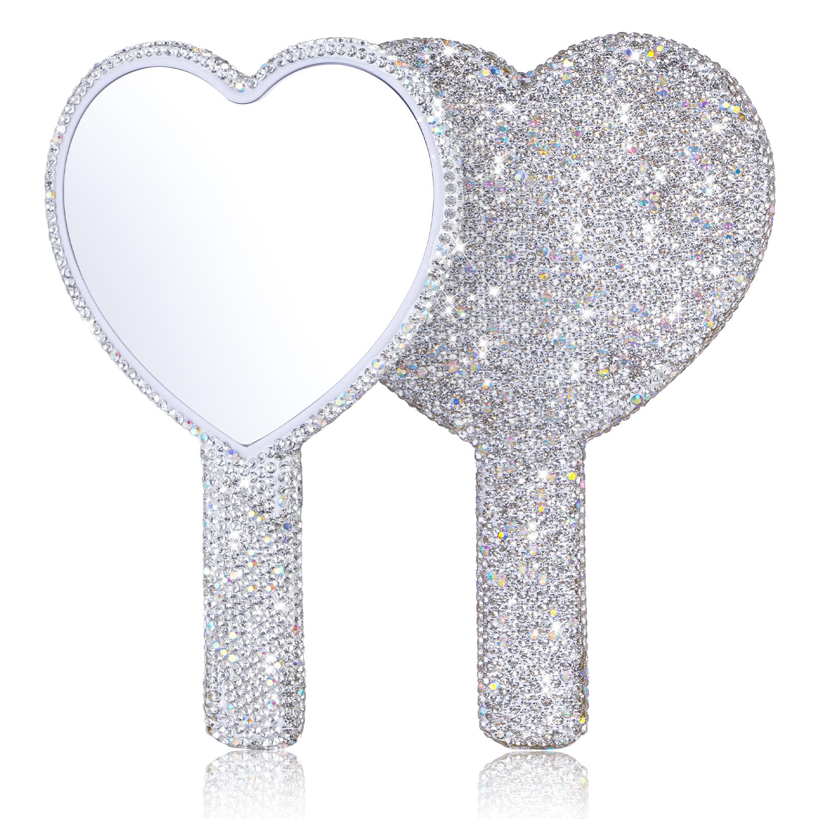 Lioaeust 2 Pcs Bling Hand Mirrors with Handle, Sparkling Rhinestone Heart Shaped Handheld Mirror, White Cute Handheld Mirrors Glitter, Portable Makeup Handle Mirror for Women Girls Trave