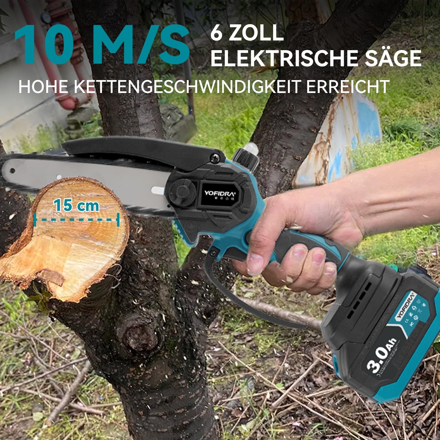 Yofidra 4-IN-1 Akku Hochentaster Kettensäge & Astschere mit Teleskop - Bürstenlos 25mm Baumschere, 6 Zoll Mini Kettensäge, mit 200cm Teleskopstange, 180° Einstellbarer Winkel, 2 x 3.0Ah Akkus, blau