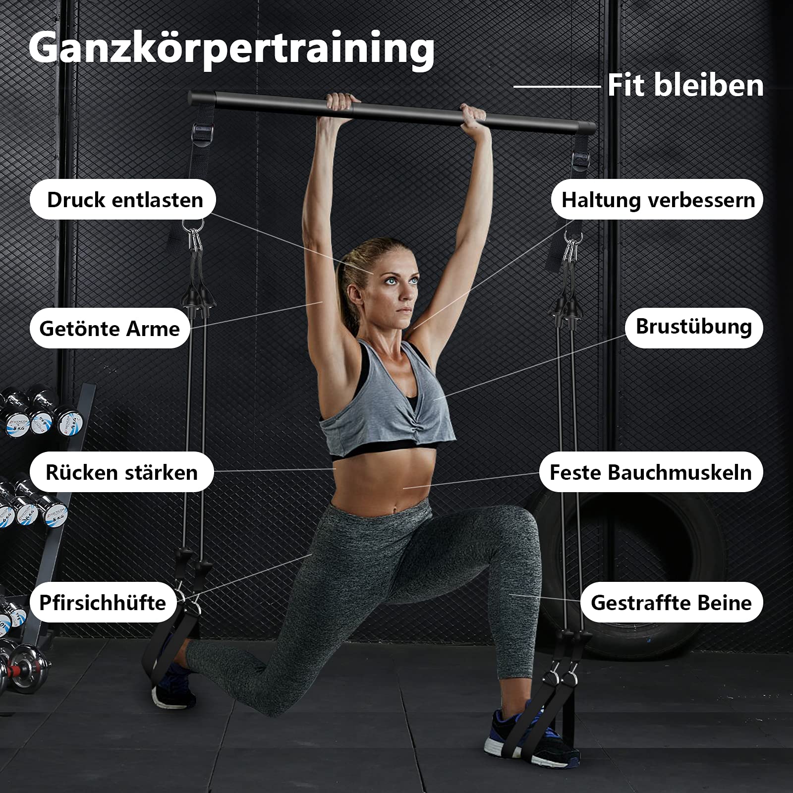 Pilatesstange Set Verstellbar mit 4 Widerstandsbändern, Schaumstoffgriff und Türanker für Beine, Hüften, Tragbares Fitnessgerät für Zuhause, Yoga, Pilates,