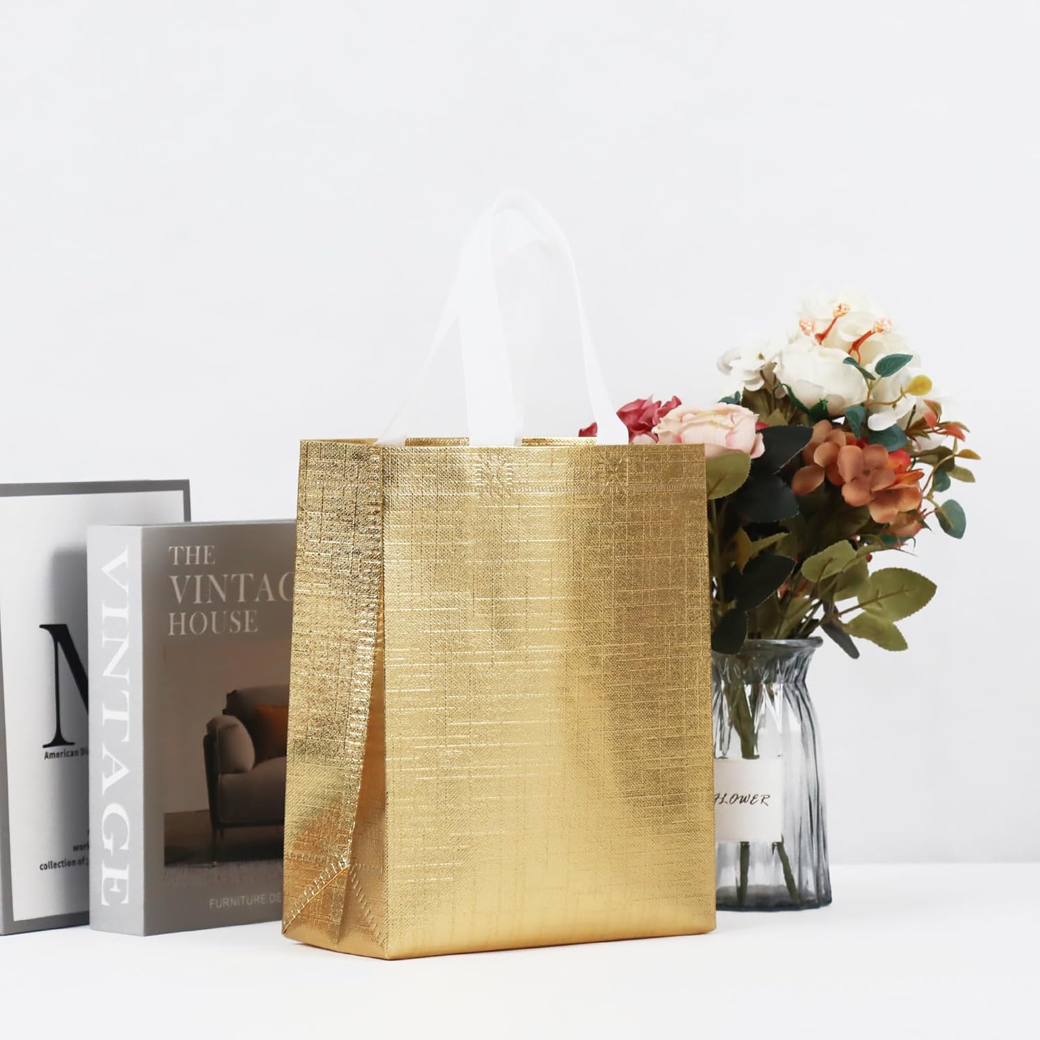 16 Pcs Metallic Bling Small Gift Bags Bulk with Cardboard Bases, Glossy Gold Reusable Party Bags for Birthday, Wedding, Christmas, Parties- 10.2x3.9x8.3 In - Image 4